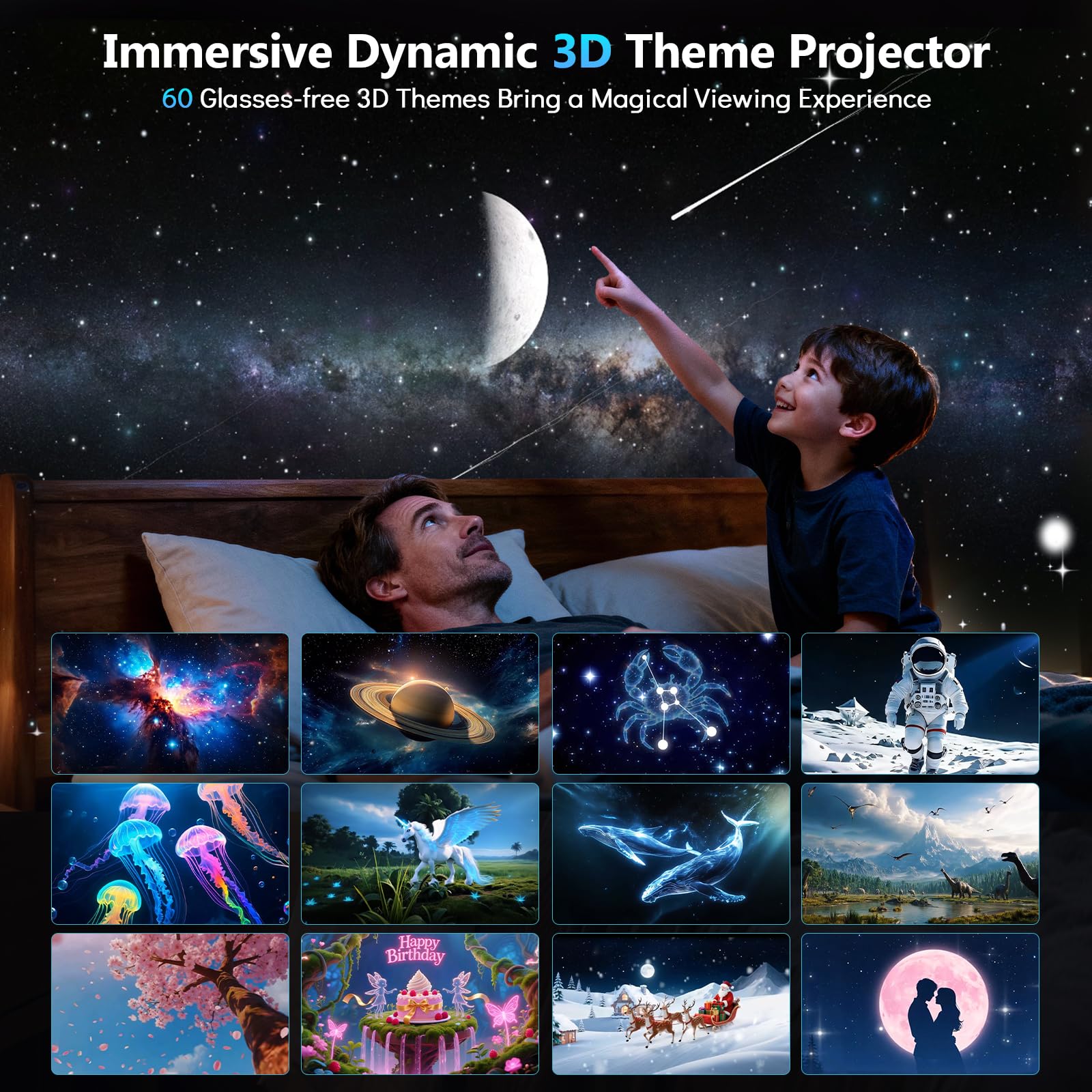 HD 3D galaxy projector night light with Bluetooth speaker, 60 themes