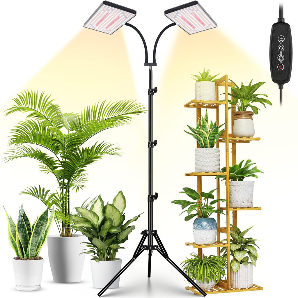 LBW 428 LED Grow Light Full Spectrum – Dual Head, 75" Adjustable Tripod, 3/6/12H Timer, 6 Brightness Levels for Indoor Plants