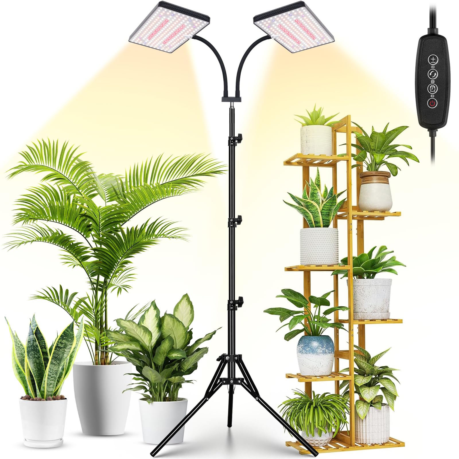 LBW 428 LED Grow Light Full Spectrum – Dual Head, 75" Adjustable Tripod, 3/6/12H Timer, 6 Brightness Levels for Indoor Plants