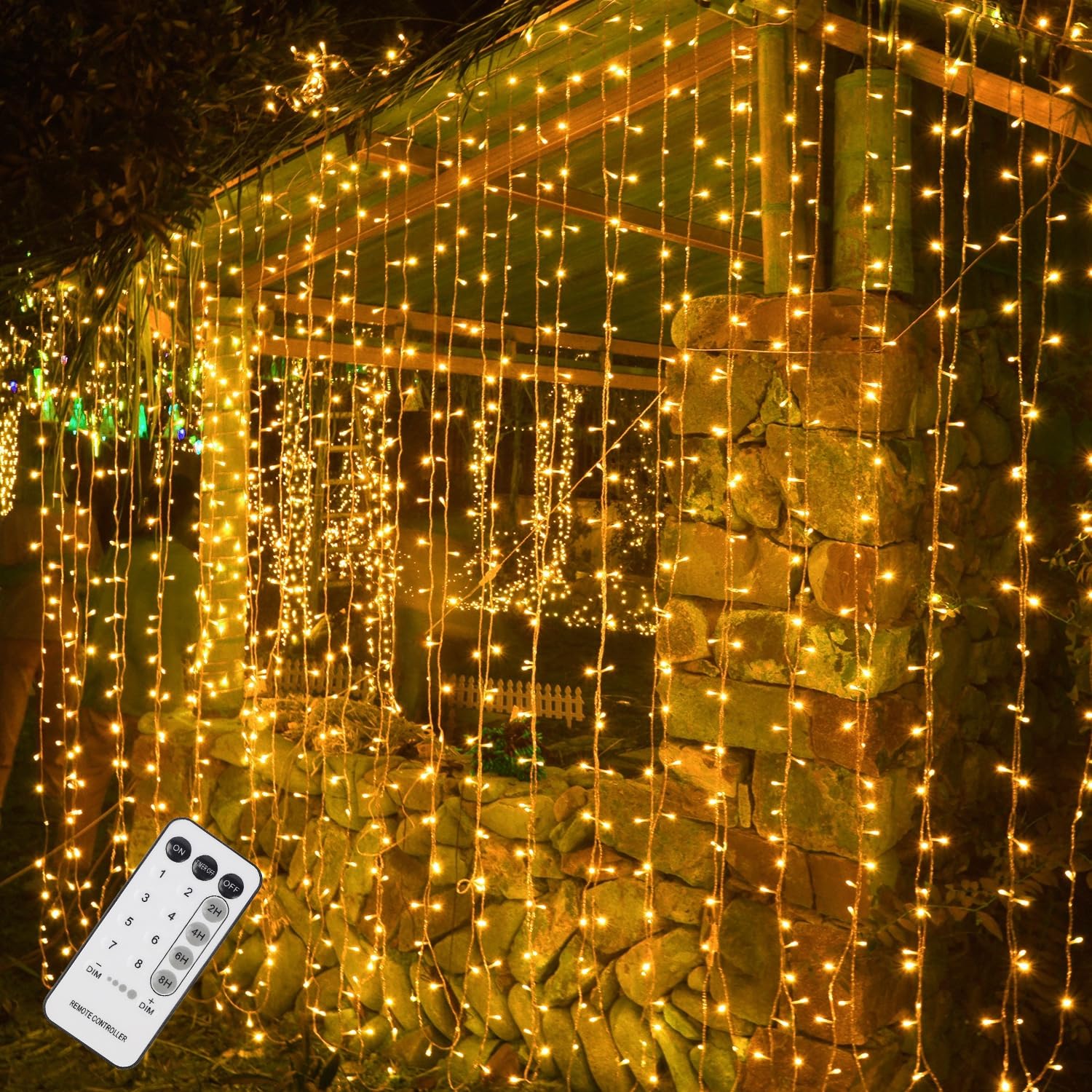 300 LED curtain string lights with remote, 8 modes for home decor