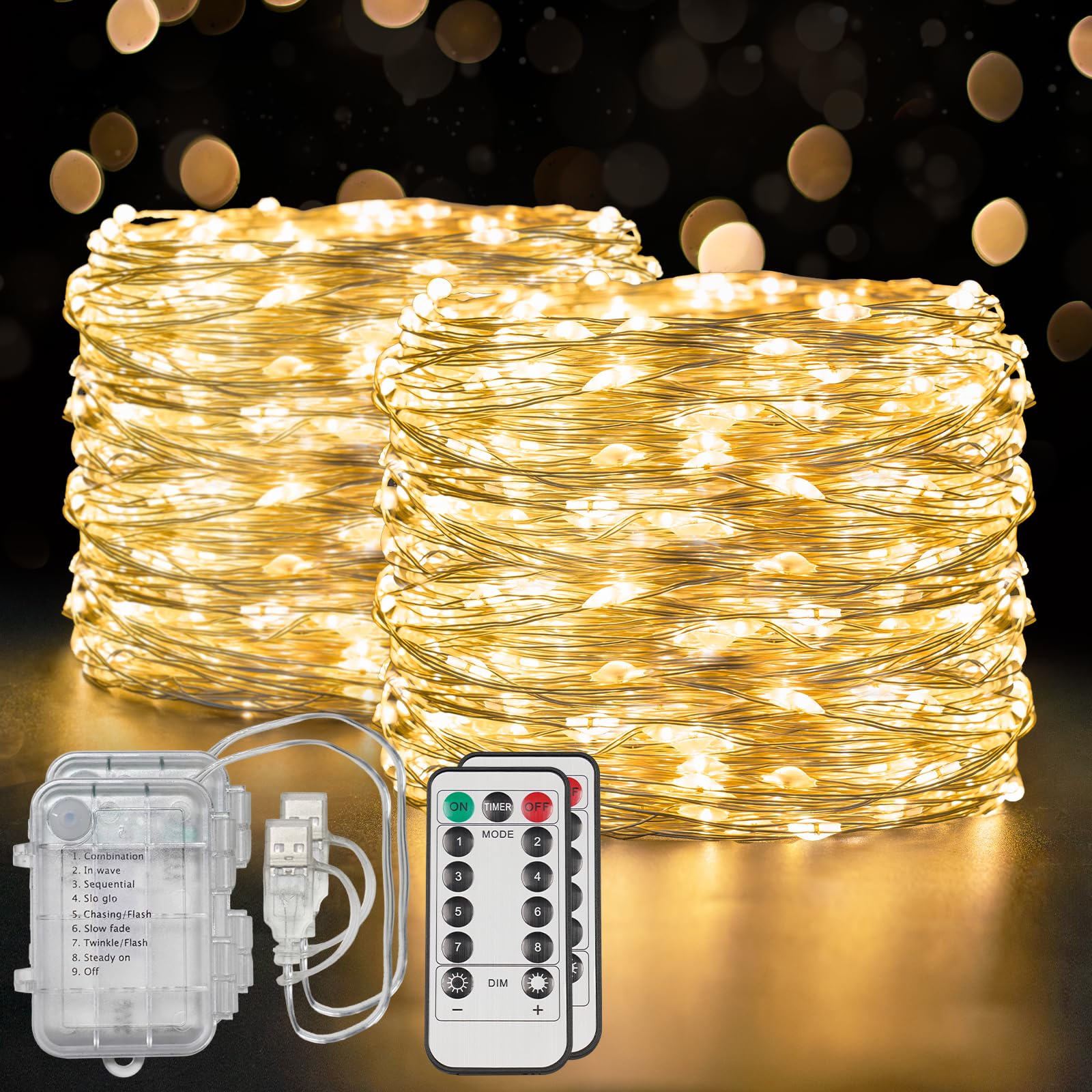 Flexible copper string light, warm white, 400 LEDs, 2-pack