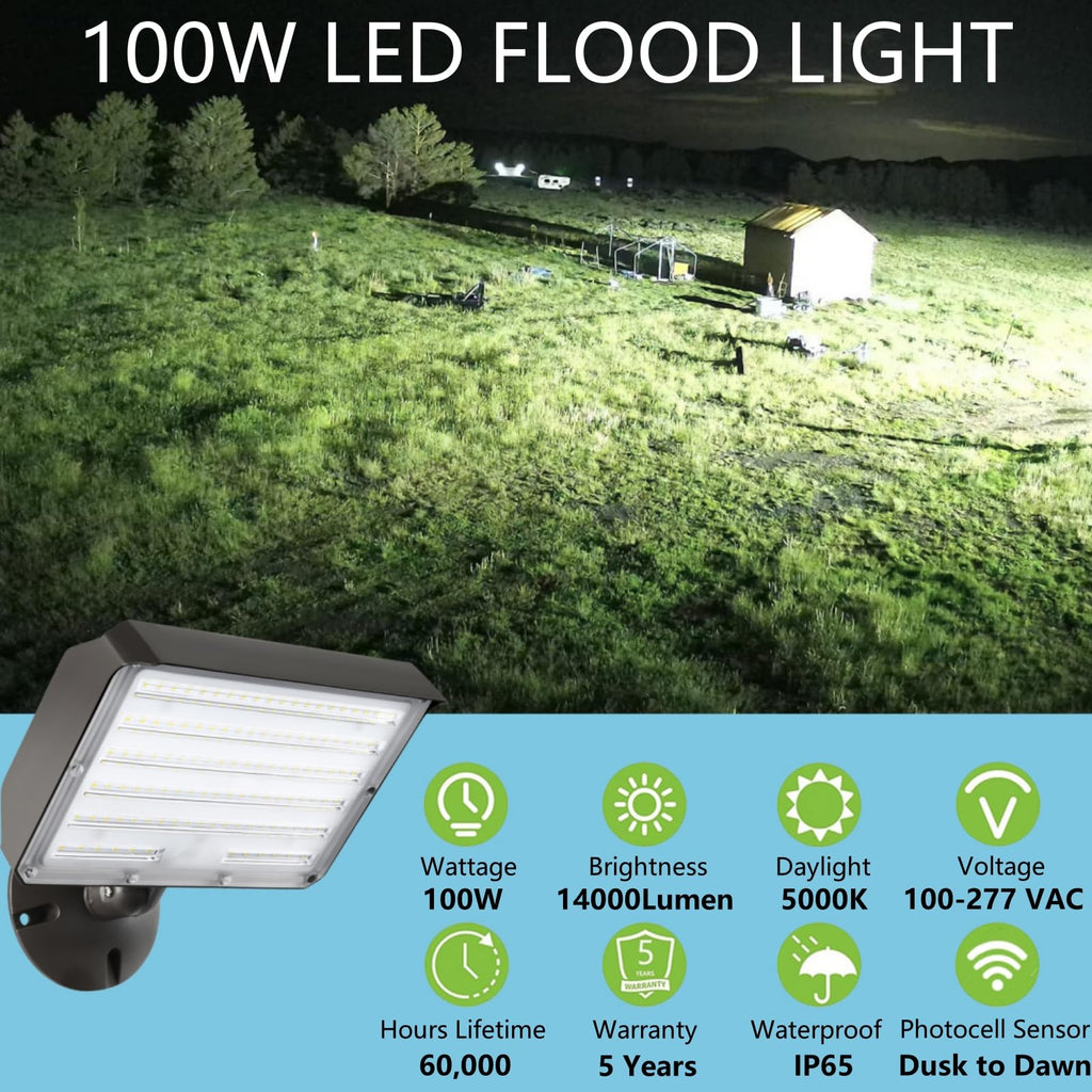 2-Pack LED Flood Light Dusk to Dawn – 100W, 14000LM, 5000K Daylight, IP65 Waterproof with Knuckle Mount for Parking Lot & Security