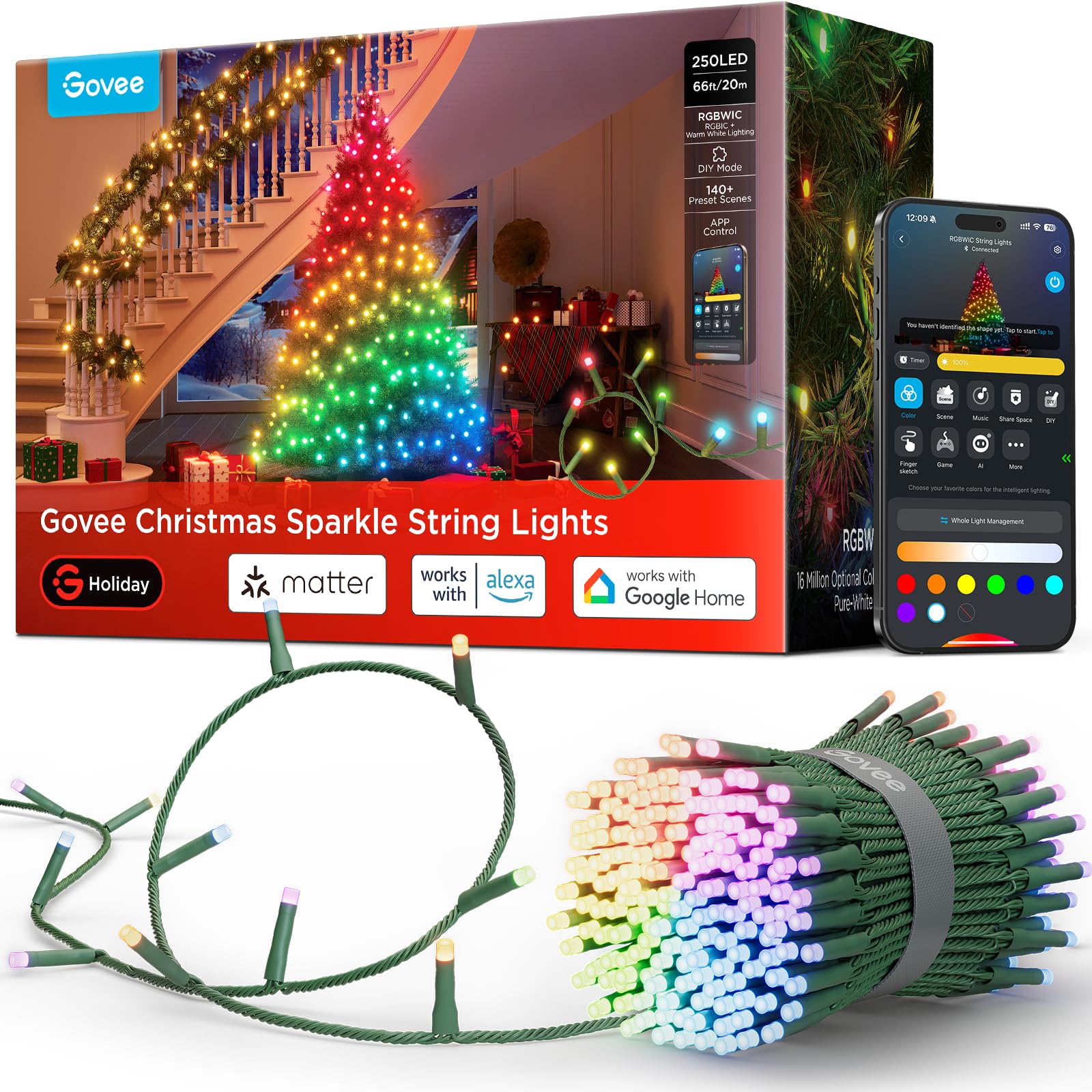 Sparkle RGBWIC string light, 66 ft, 250 LED, app-controlled