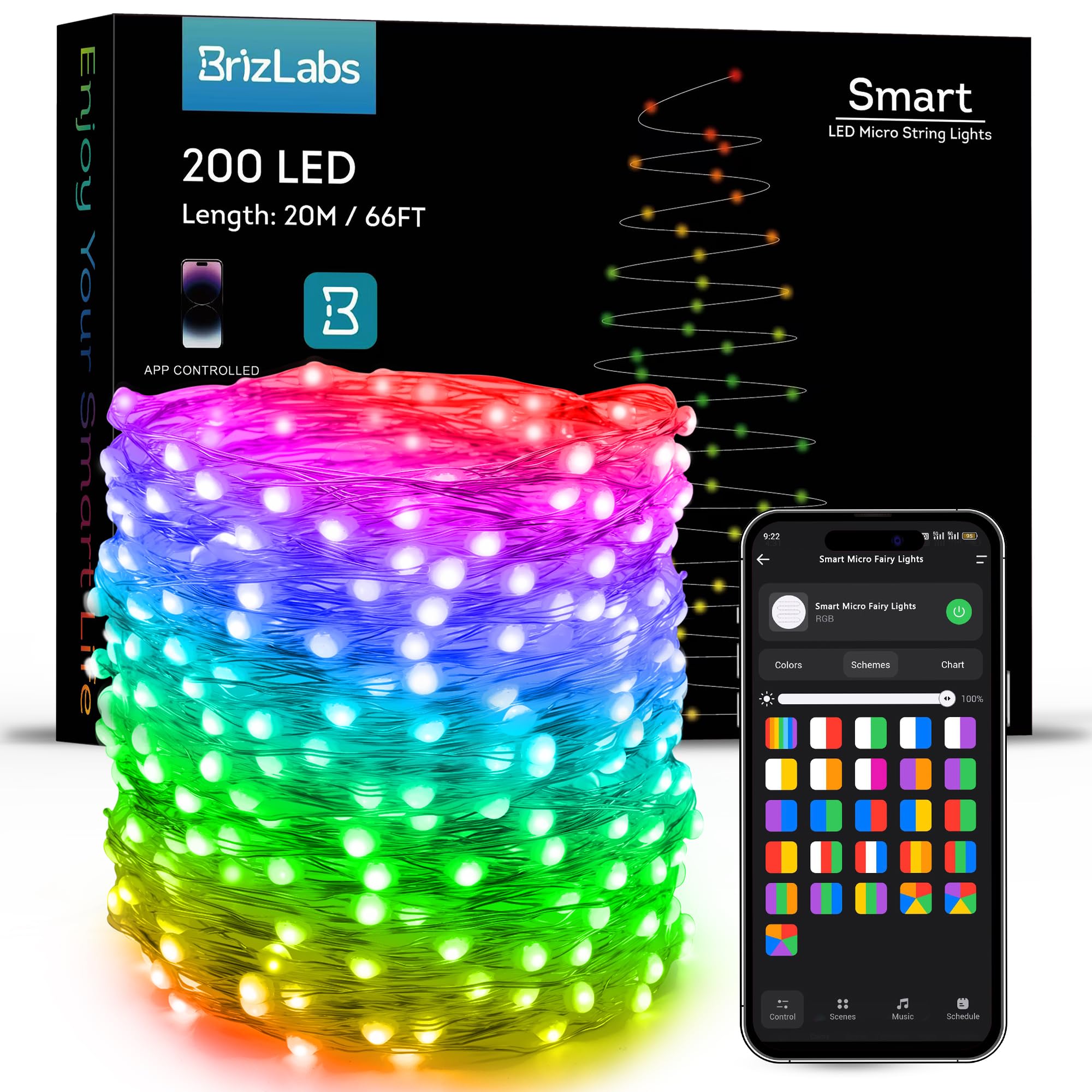 Smart Wi-Fi string light, 66 ft, 200 LED, app-controlled