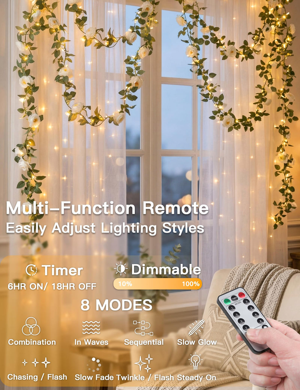 White camellia flower garland string lights, 60 LED vines with remote