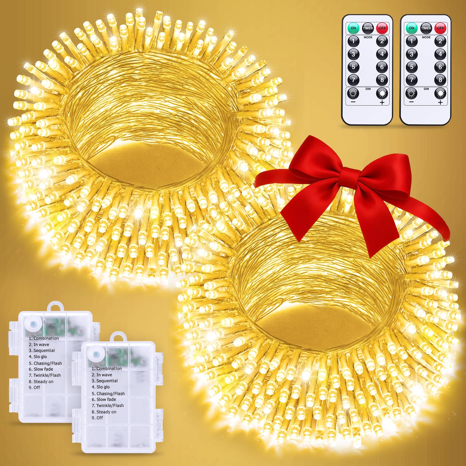 2-pack battery-operated outdoor string lights, 66-ft warm white fairy lights