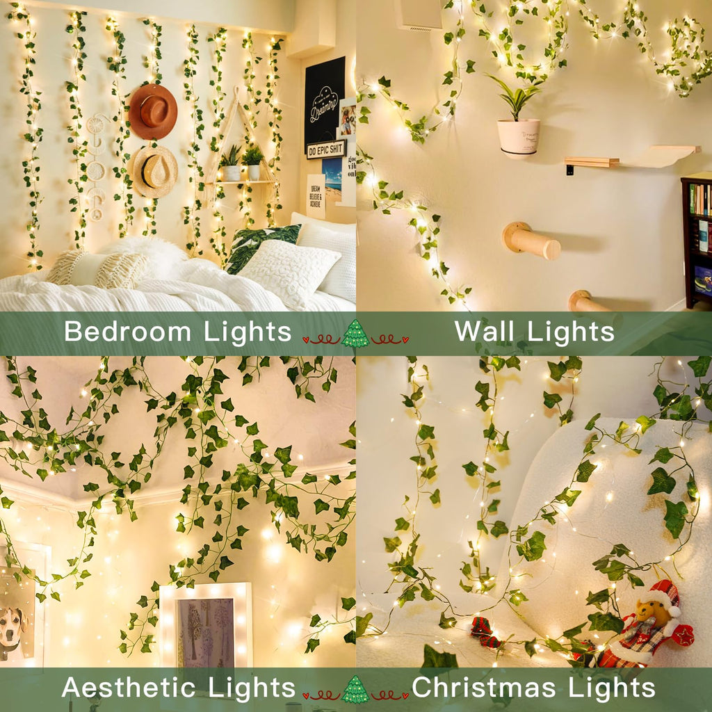 33ft battery-powered ivy string lights with remote for decor