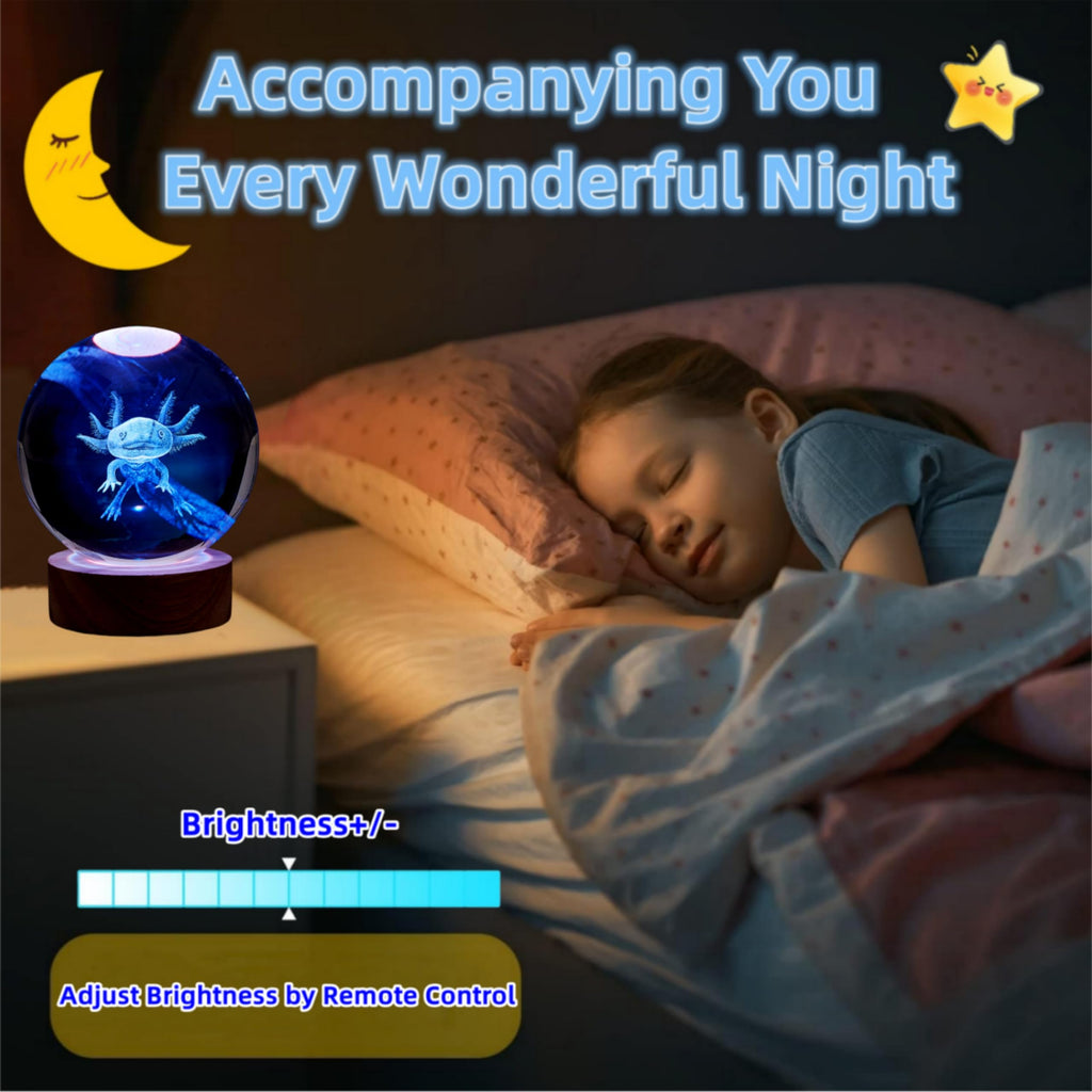 3D Axolotl Crystal Ball Night Light – 3.15IN K9 Crystal, 16 Color LED, Remote Control, Wooden Base for Kids & Bedroom Decor