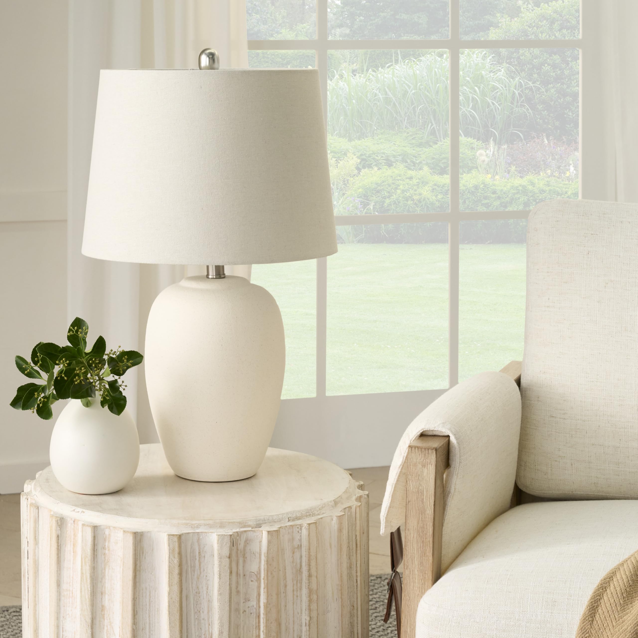 Ceramic jar table lamp with off-white shade for bedroom