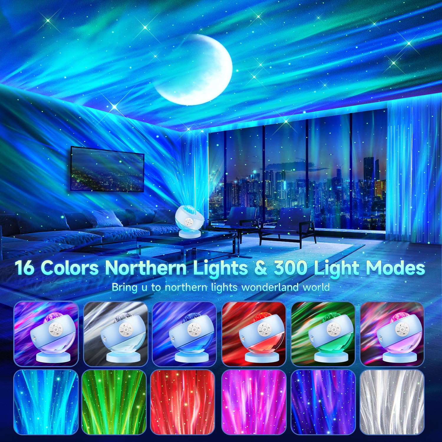 Iceberg-base galaxy projector night light with 300+ effects and white noise