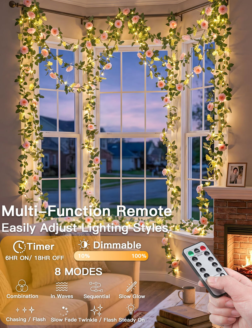 Floral vine LED string lights with remote for weddings and decor