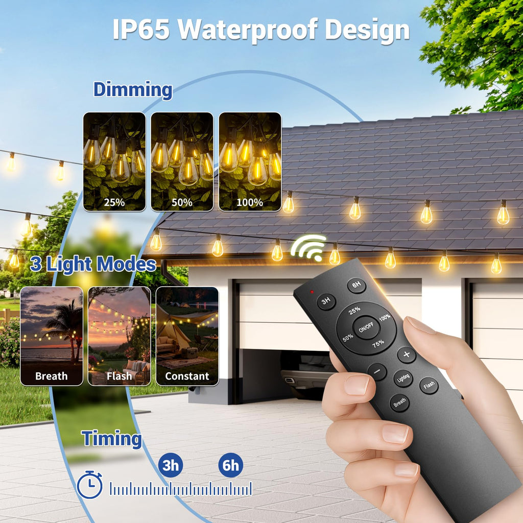 100Ft solar outdoor string lights with remote and 3 light modes