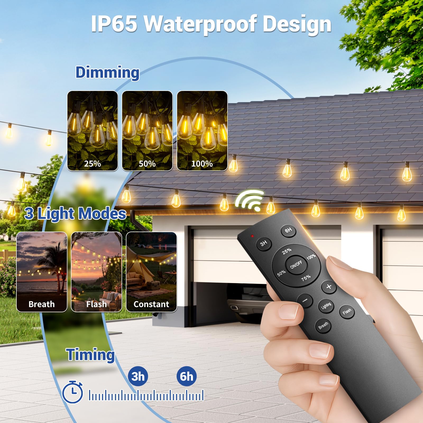 100Ft solar outdoor string lights with remote and 3 light modes