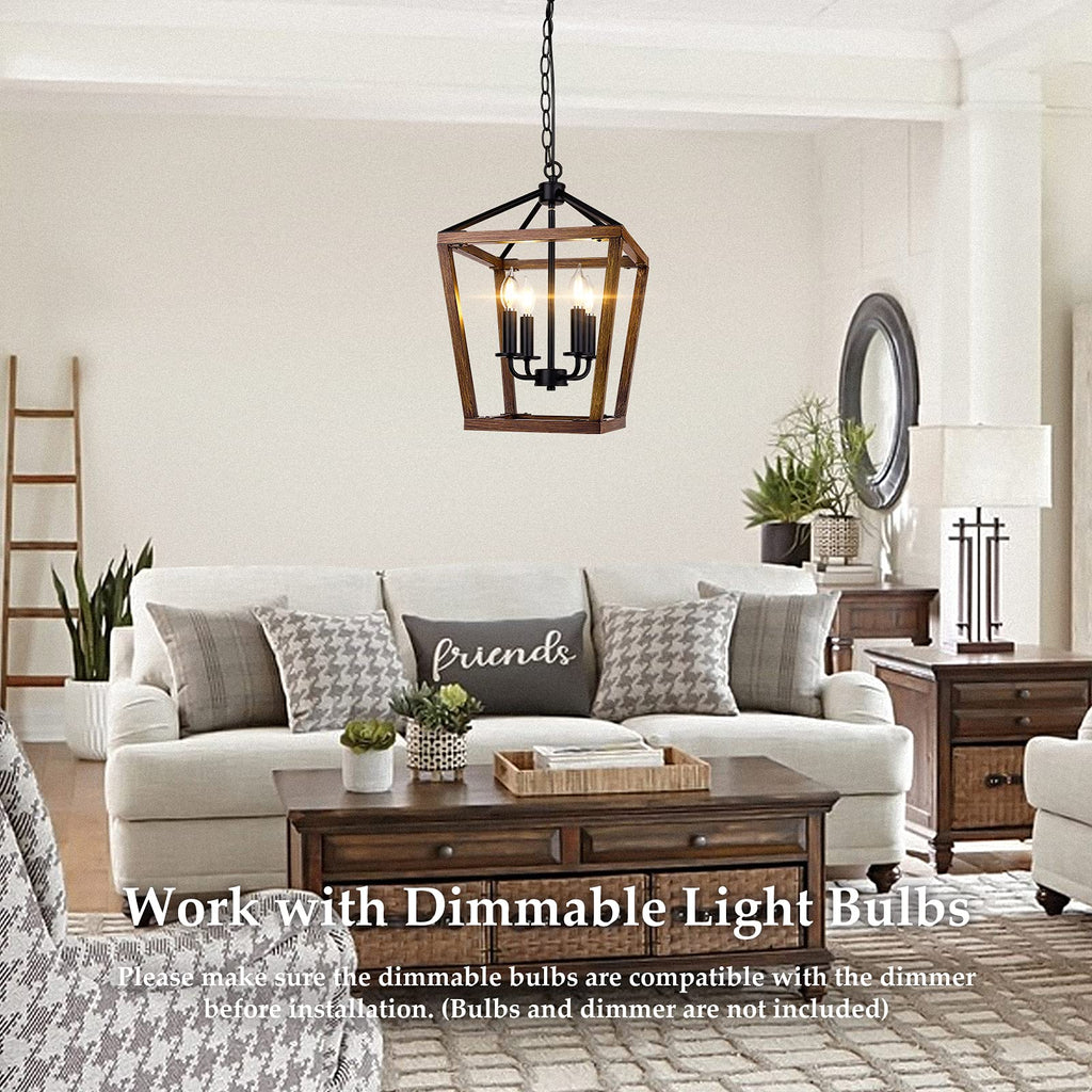 Oak Wood 4-Light Farmhouse Cage Chandelier for Kitchen Decor