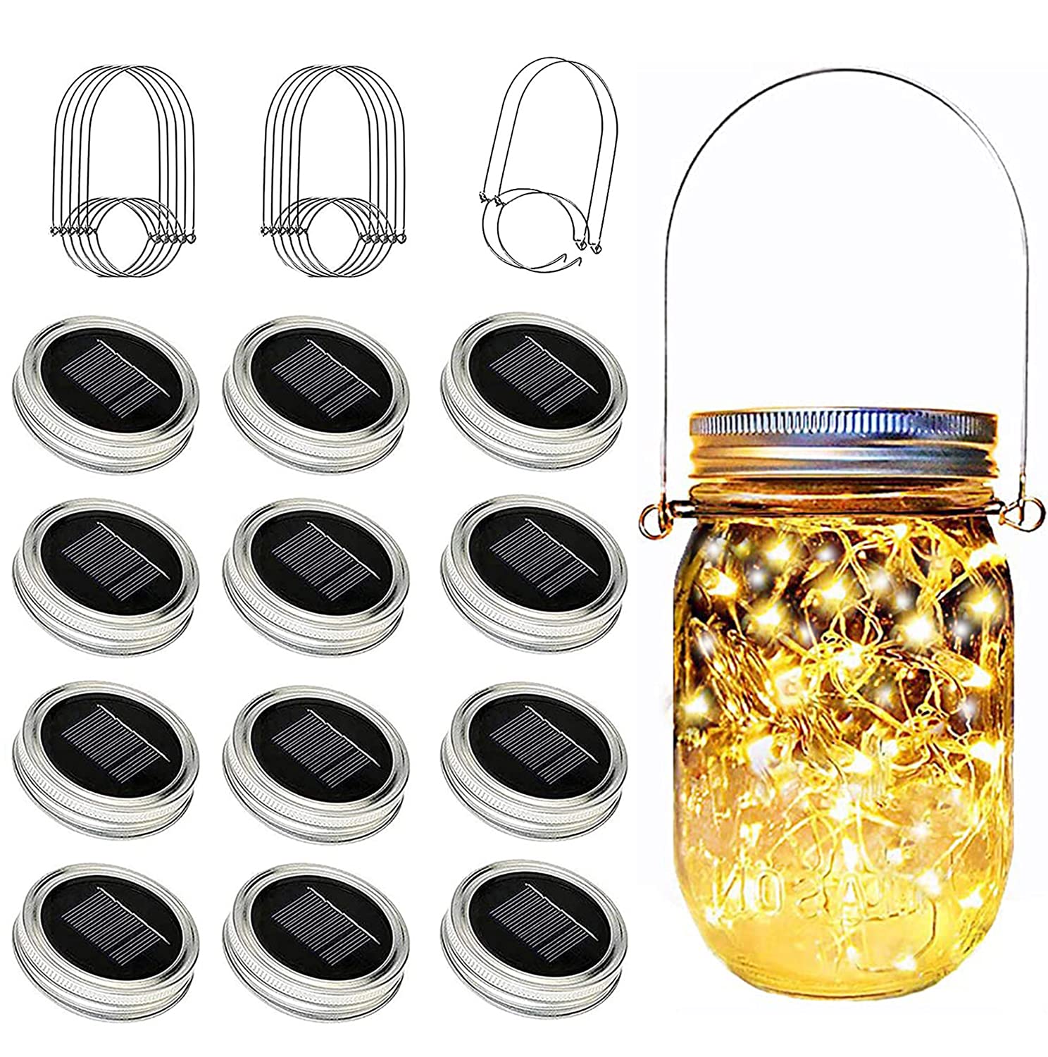 Solar LED string light with mason jar lid hangers, outdoor, 12-pack