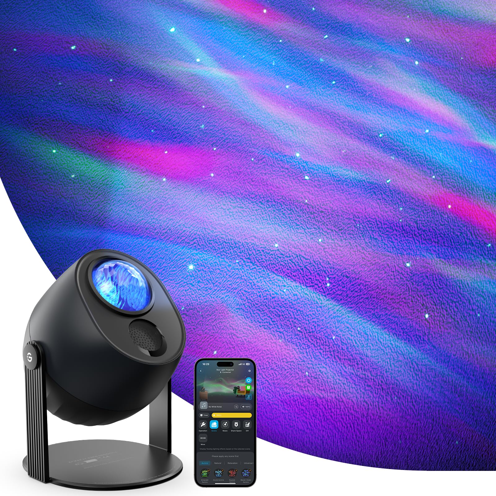 Smart aurora star projector night light with 52 scenes, white noise