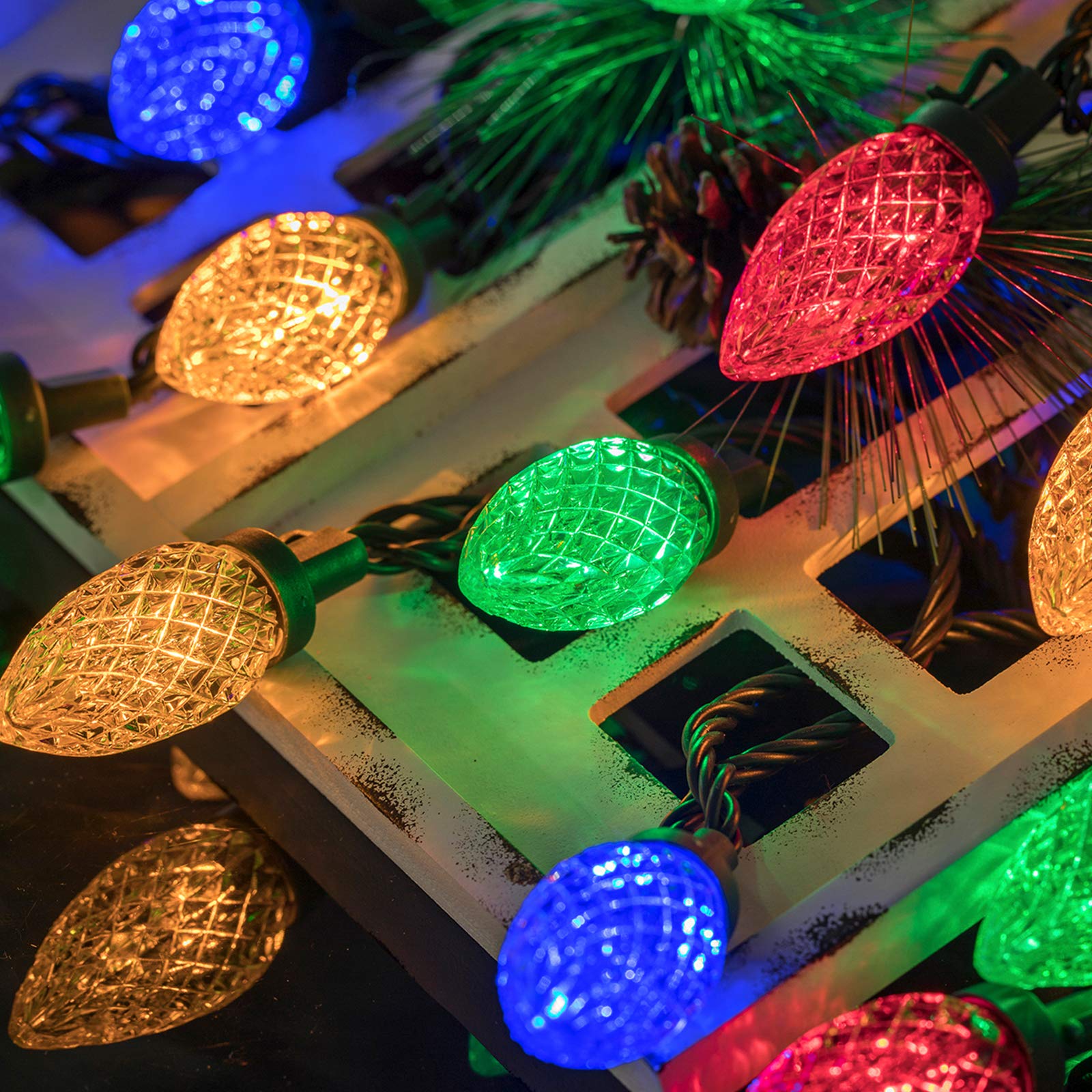 81 ft plug-in C9 string lights with 100 multicolor LED bulbs, 8 modes