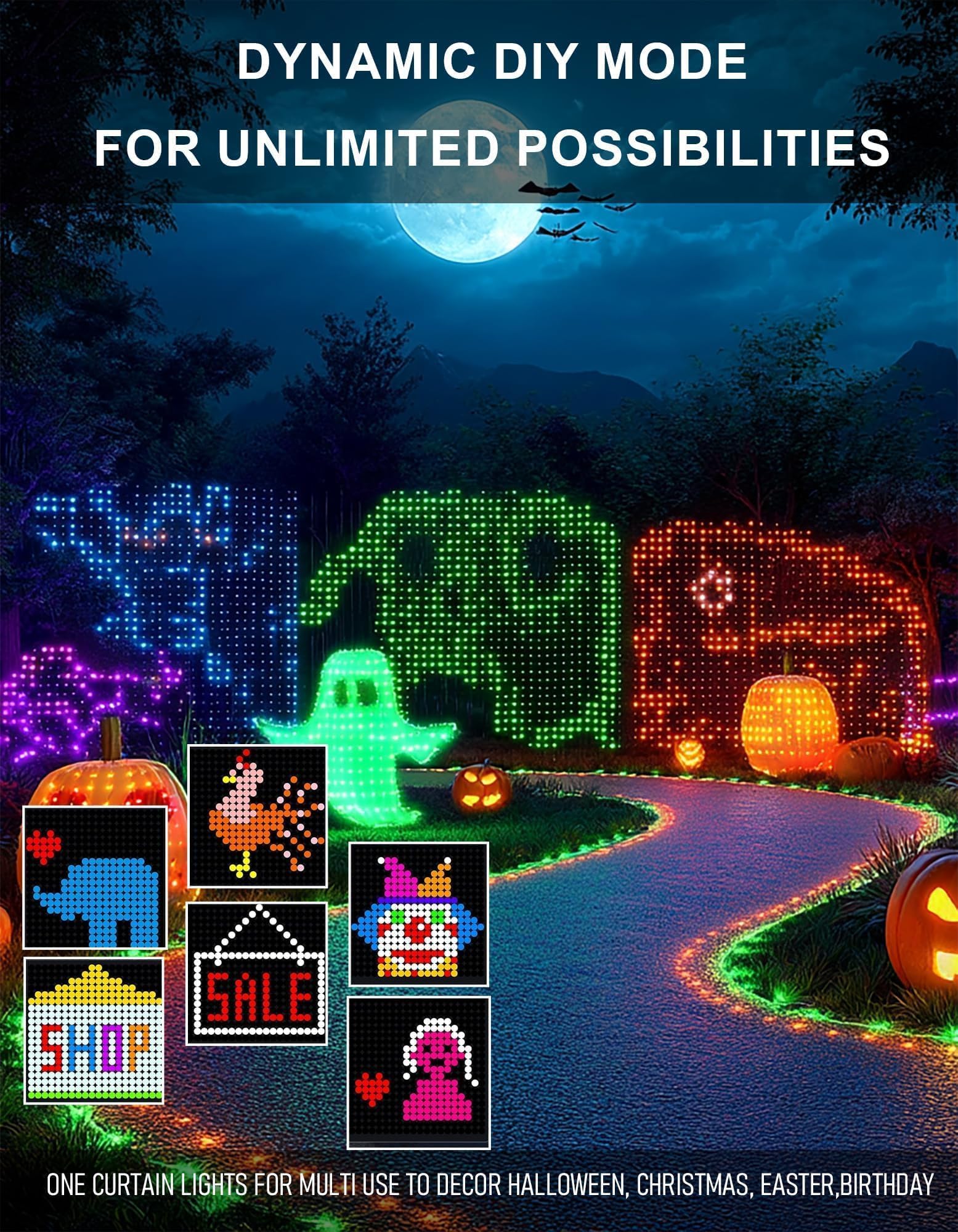 Smart color-changing curtain string light, 400 LED, app control