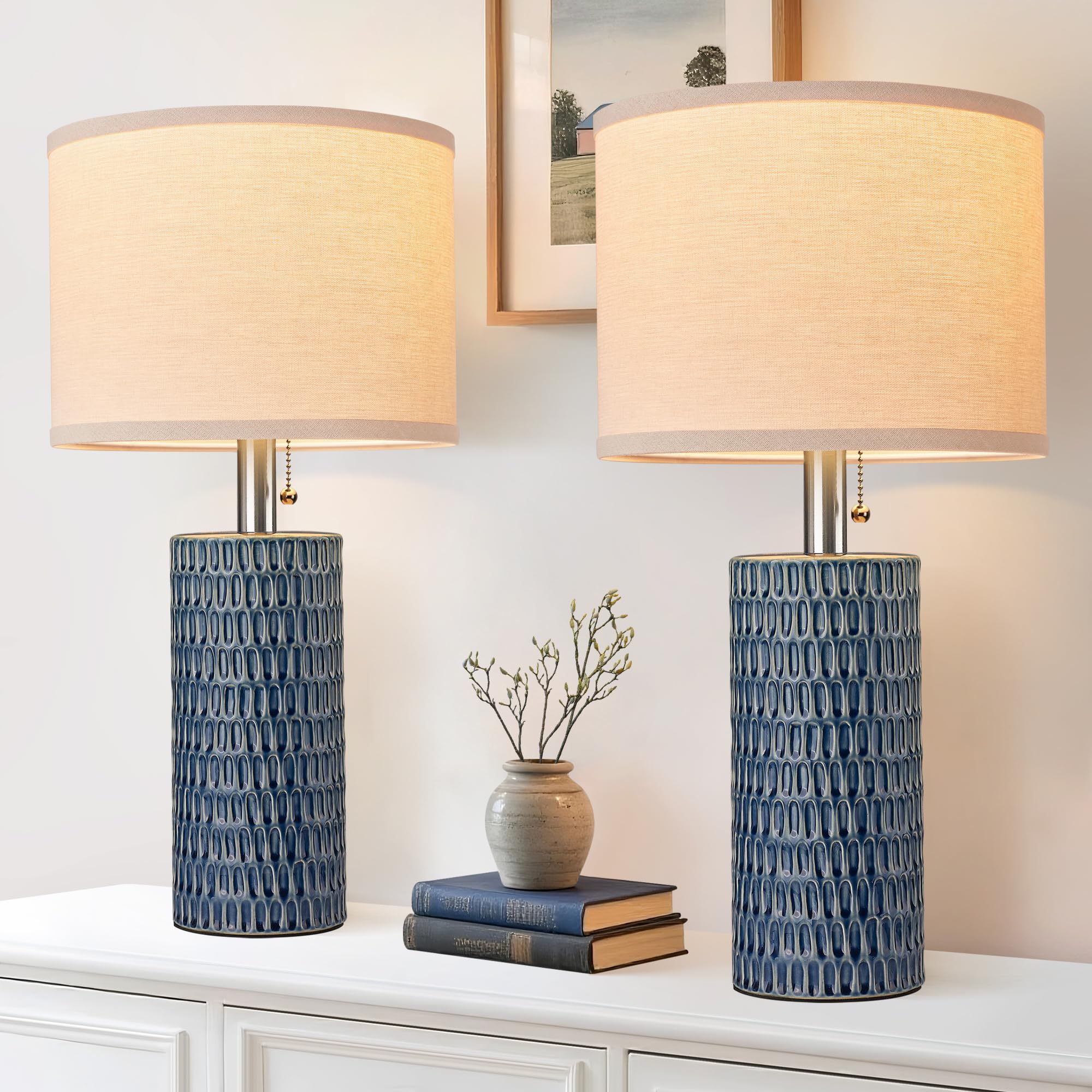 20.5-inch ceramic table lamp set of 2 for bedroom nightstands, blue
