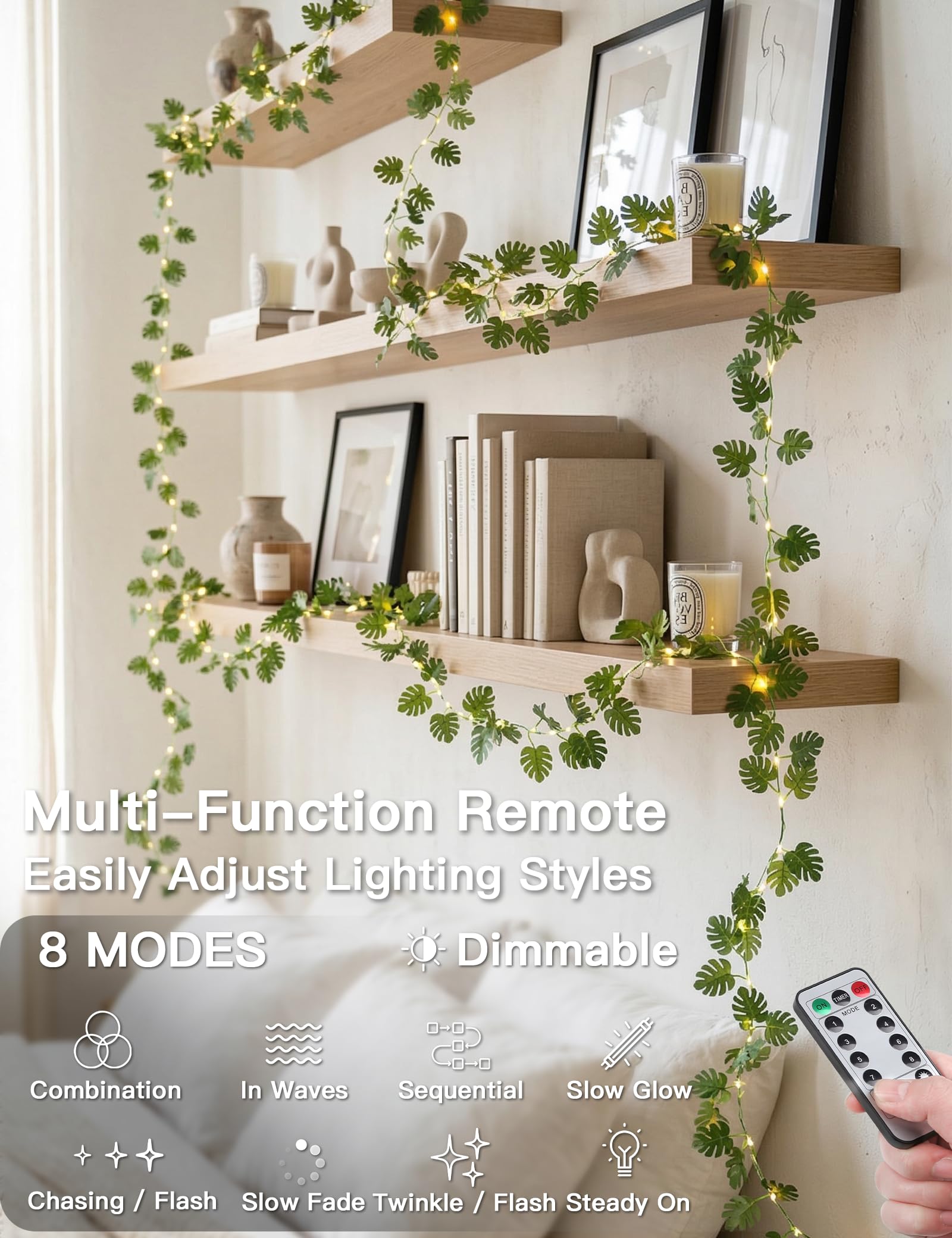 Monstera leaf vine string light, 33 ft, 100 LED, USB powered