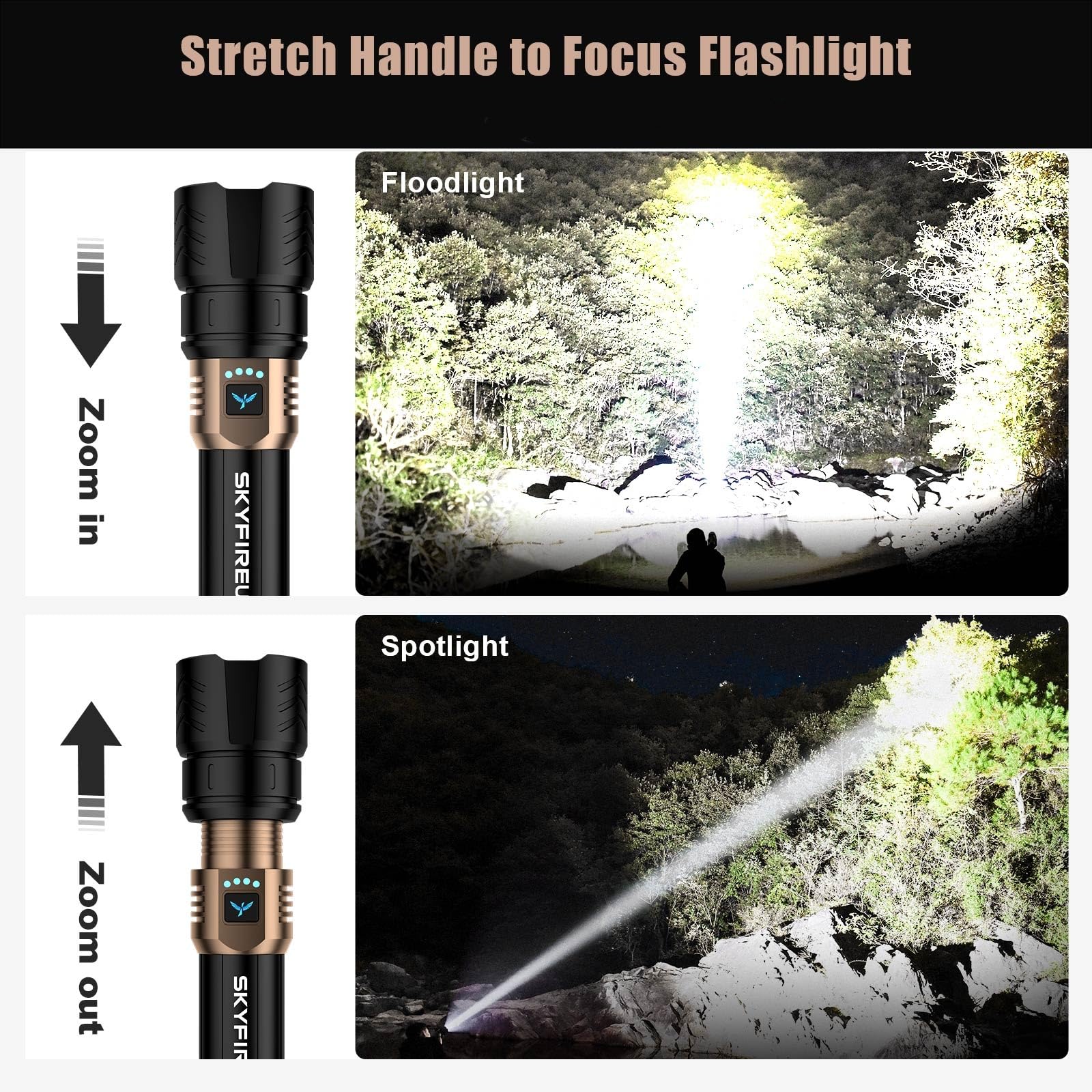 SKYFIRE LED Flashlight 3000LM Rechargeable – Zoomable, Waterproof, 4 Modes with Ignition Lens for Camping & Tactical