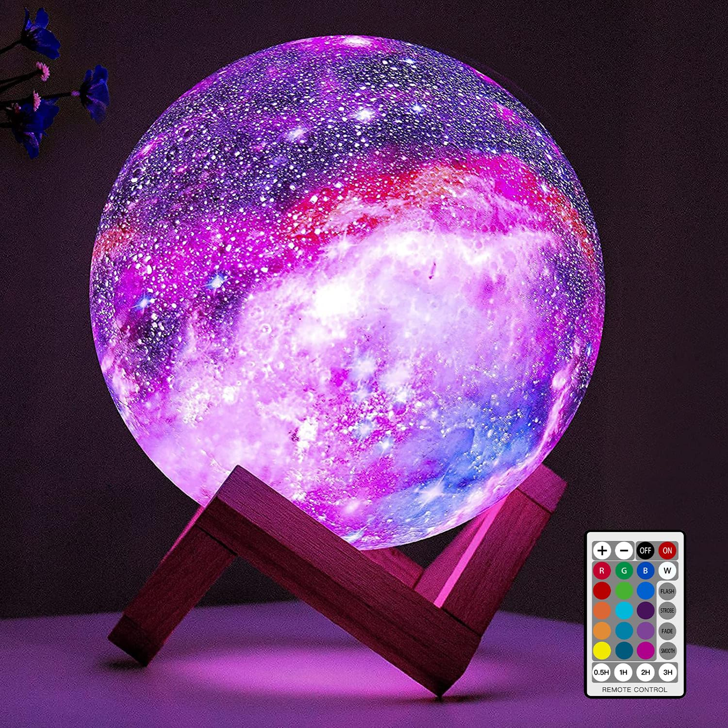 5.9-inch 3D moon night light with 16 LED colors, remote control and wooden base