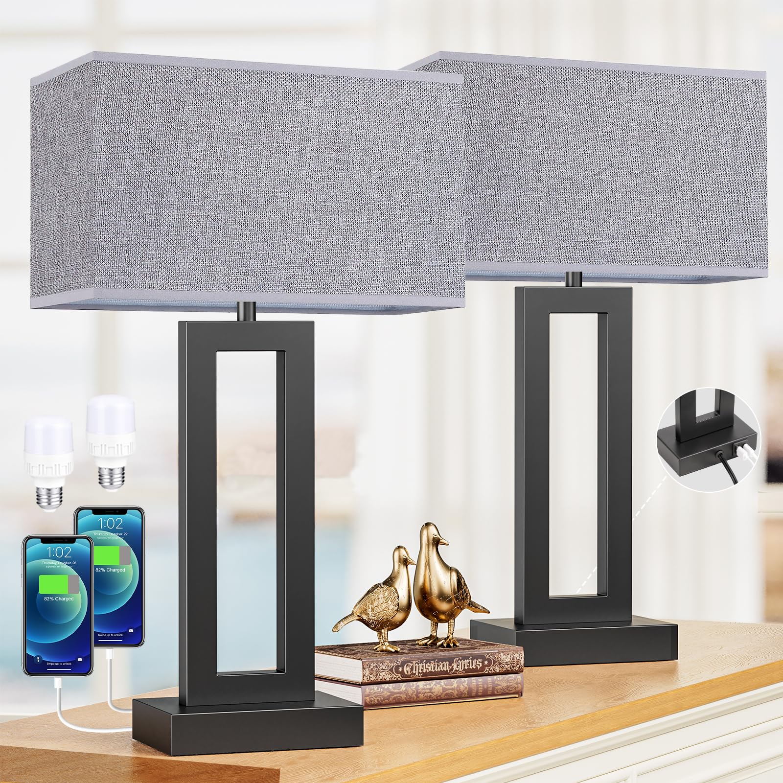 22-inch touch control bedside table lamp set of 2 with USB charging