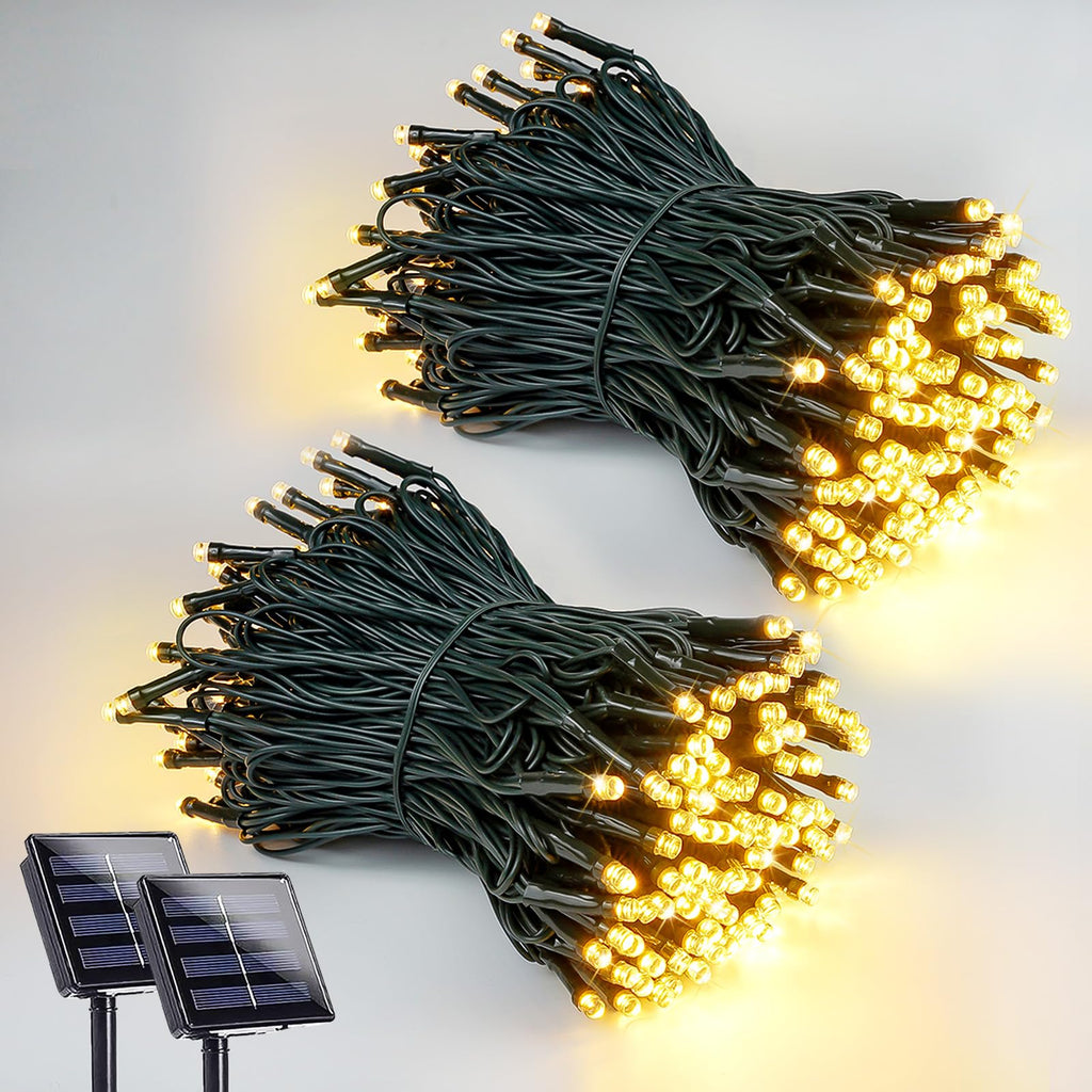 Solar outdoor string light, 200 LED with 8 modes, warm white, 2-pack