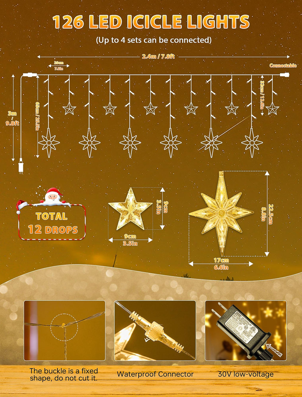 Star icicle curtain string light, 126 LED, 7.8 ft, 8 modes