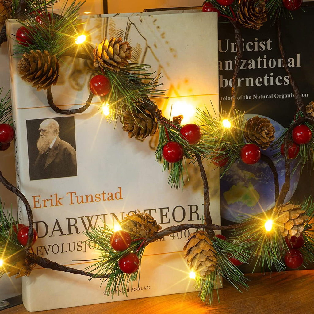 2-pack pine cone & berry garland string lights, 13 ft 40 LED battery