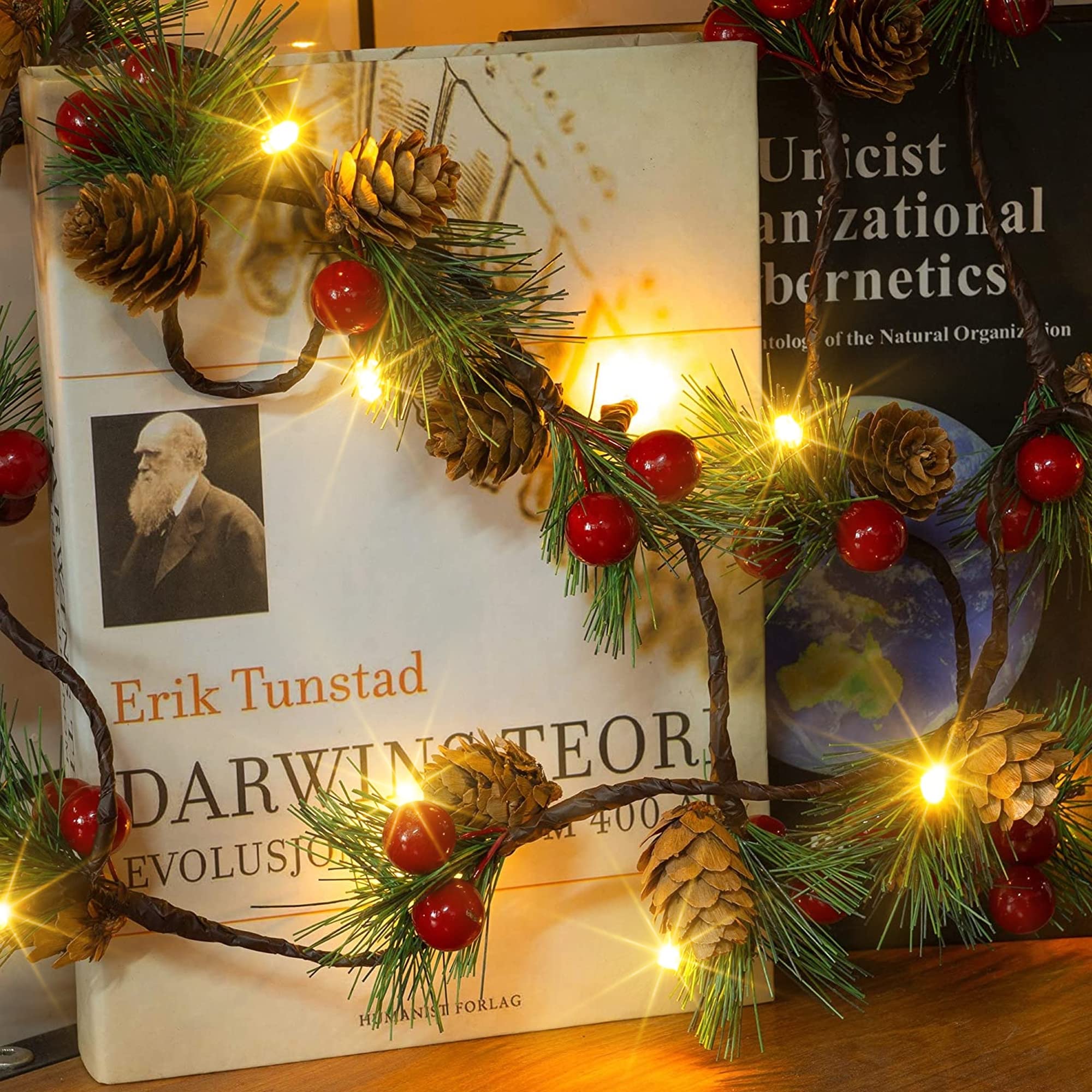 2-pack pine cone & berry garland string lights, 13 ft 40 LED battery