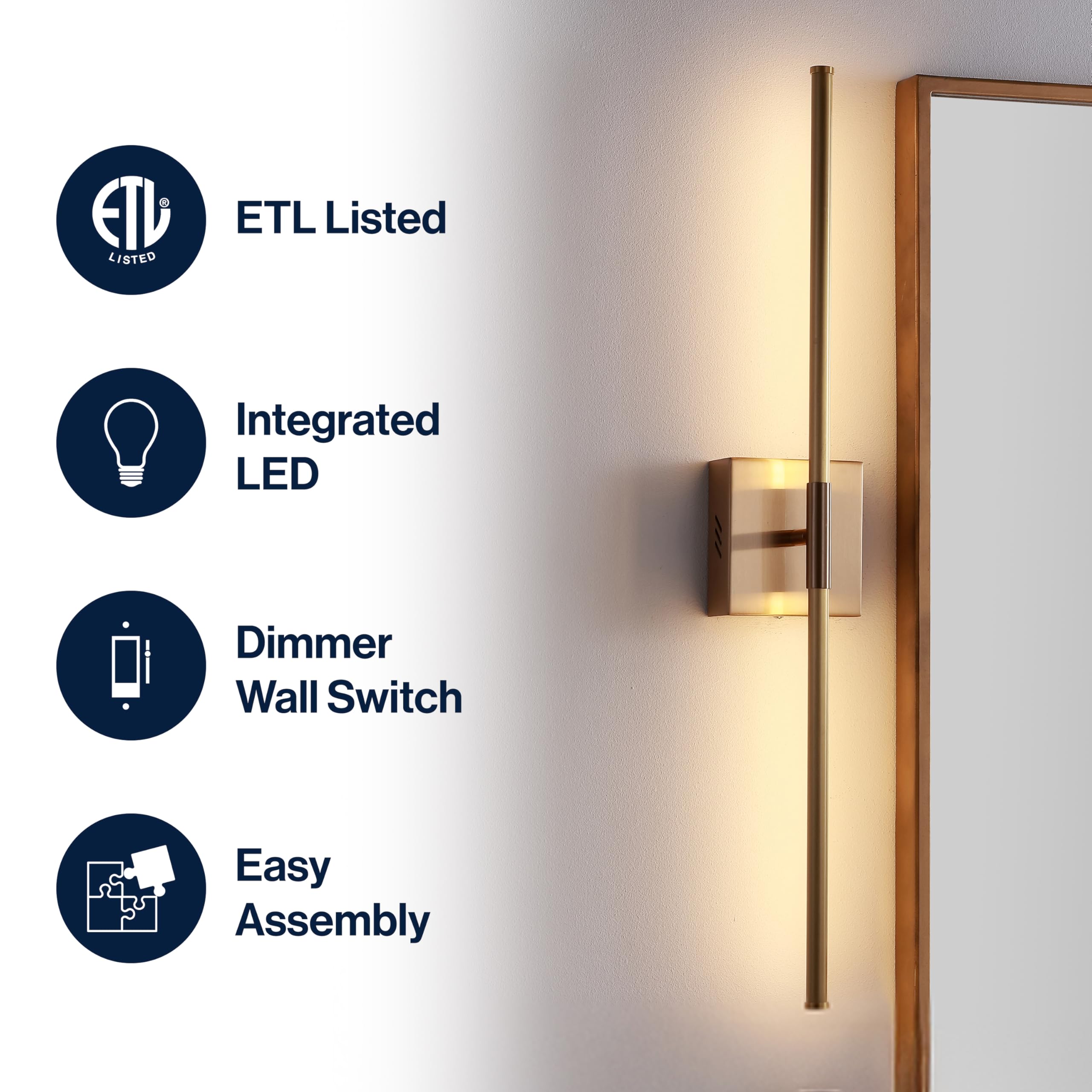 JONATHAN Y 28" Brass Gold LED Wall Sconce – Dimmable, Integrated 3000K, Modern Metal Vanity Light for Bathroom & Bedroom