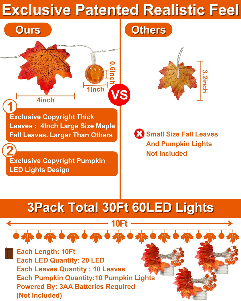 Pumpkin and maple leaf string light garland, 30 ft, 3-pack