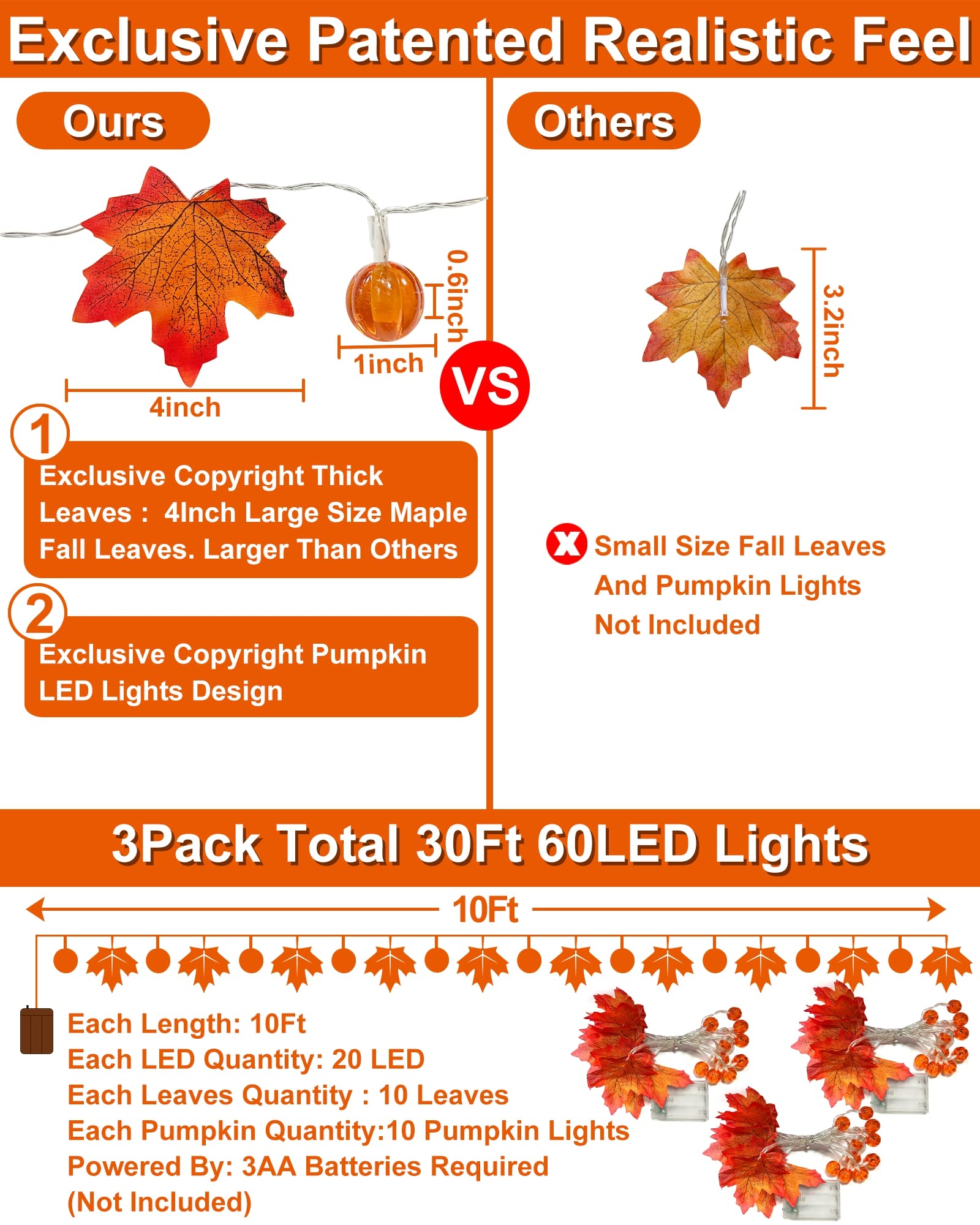 Pumpkin and maple leaf string light garland, 30 ft, 3-pack