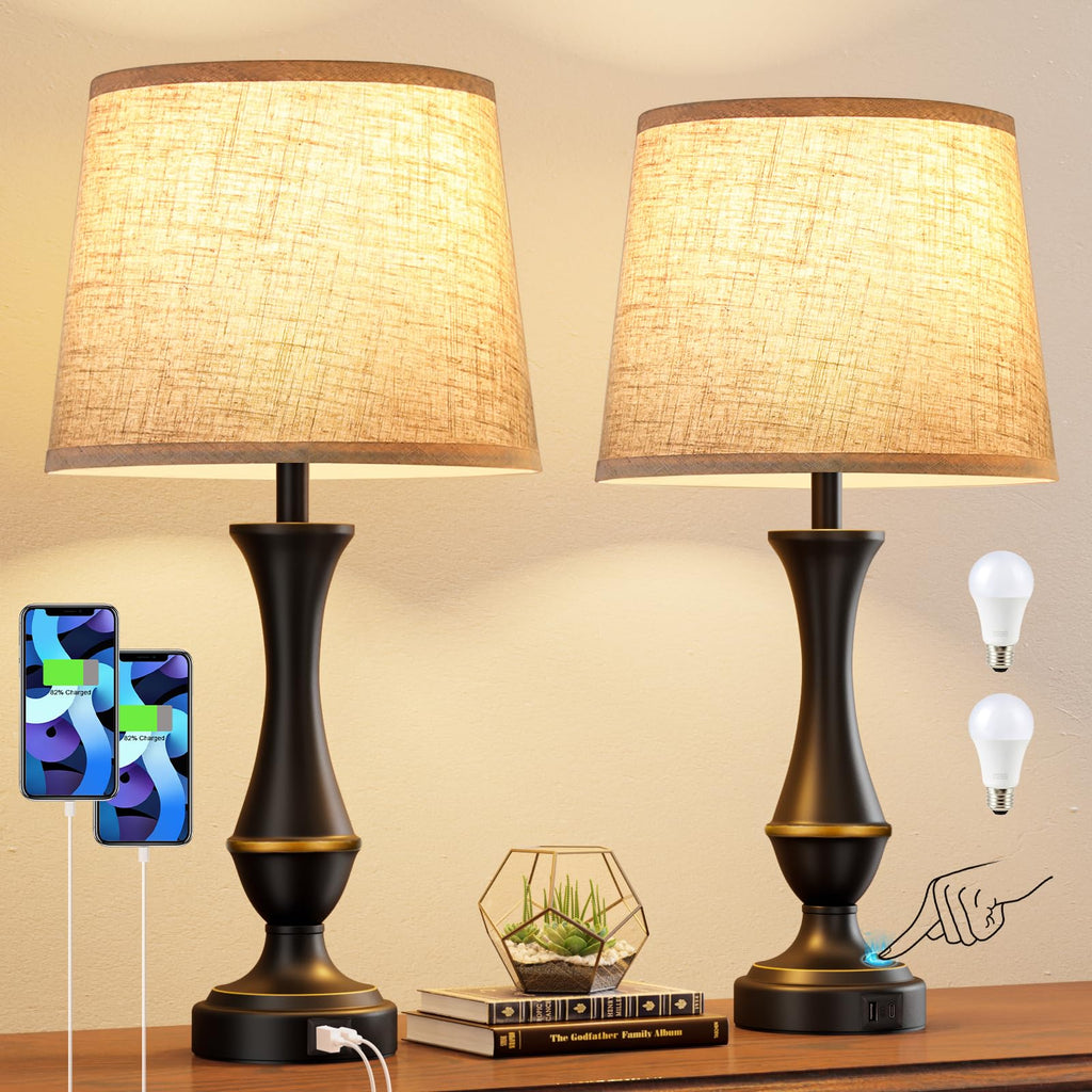 Touch control table lamp set of 2 with USB charging