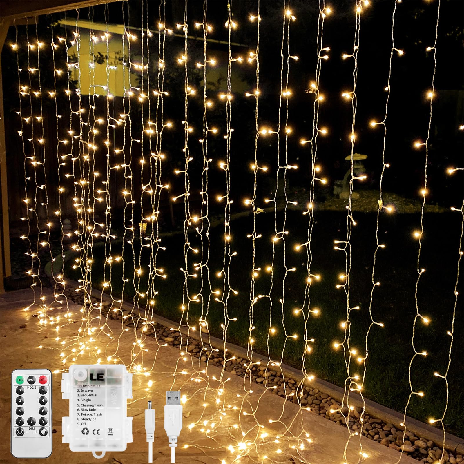 10x10 ft curtain string light, 300 LED, battery and USB powered