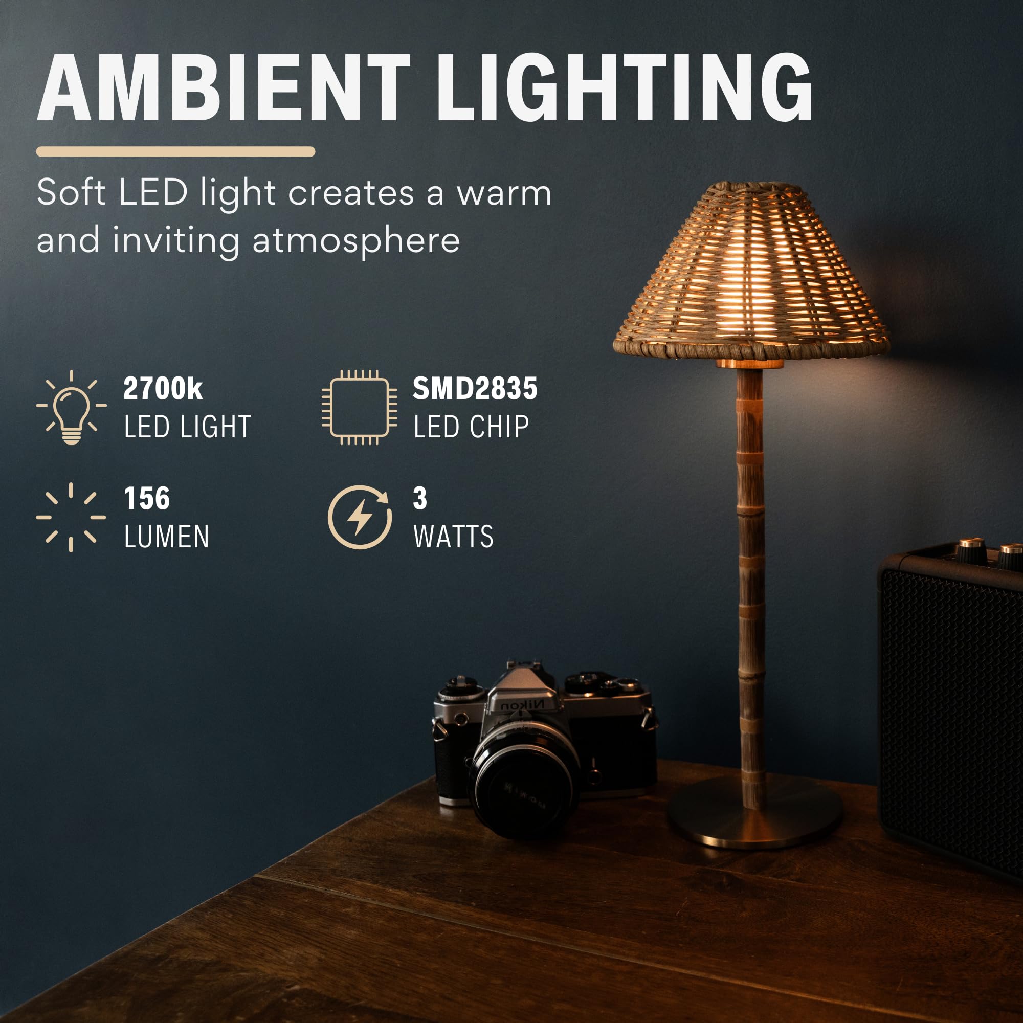 LUXELYKOS Bamboo Cordless LED Table Lamp – Rechargeable 24HR Battery, Dimmable Warm Light, 15IN Portable with Remote for Indoor Outdoor Patio