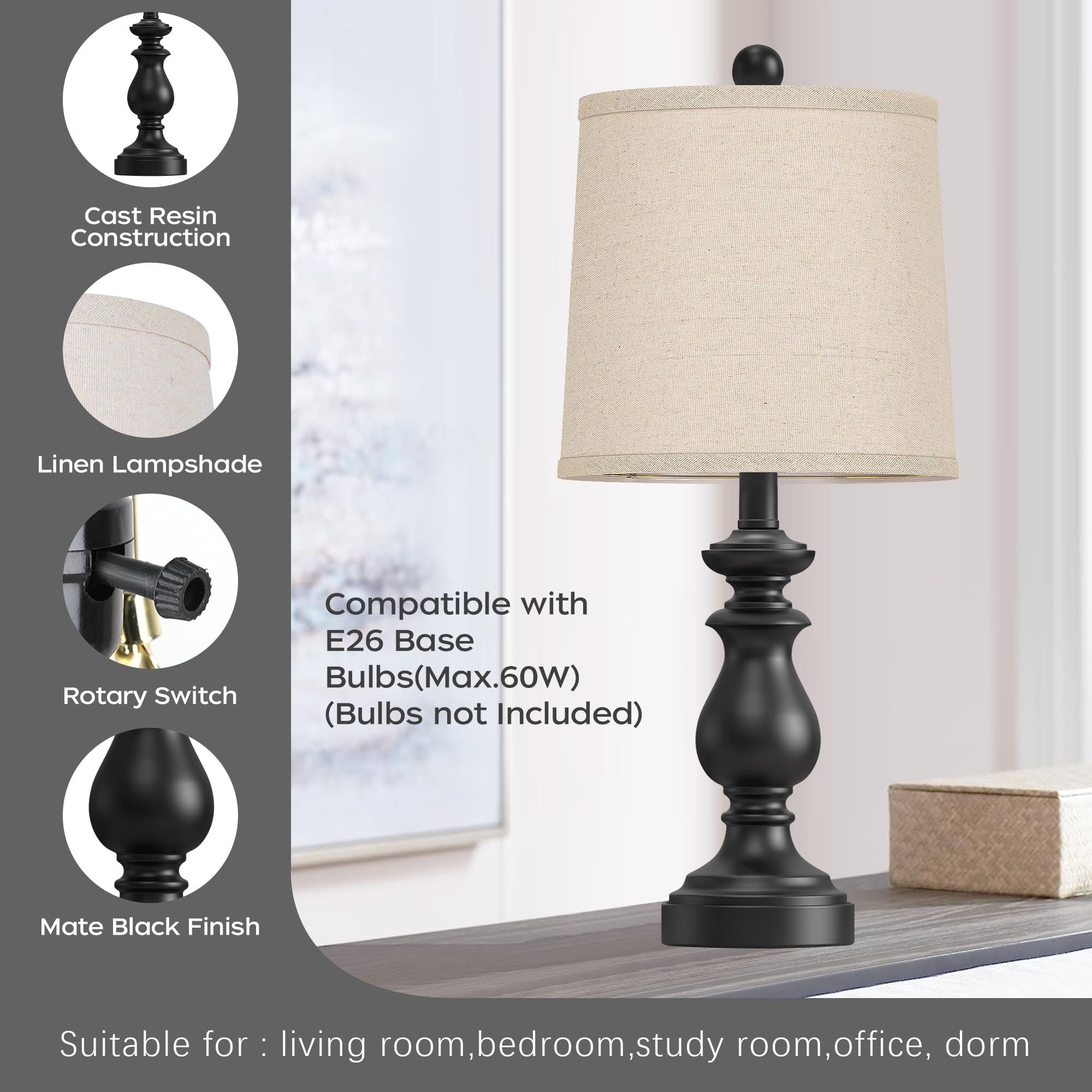 Farmhouse table lamp set of 2 for bedroom nightstands, 22-inch black