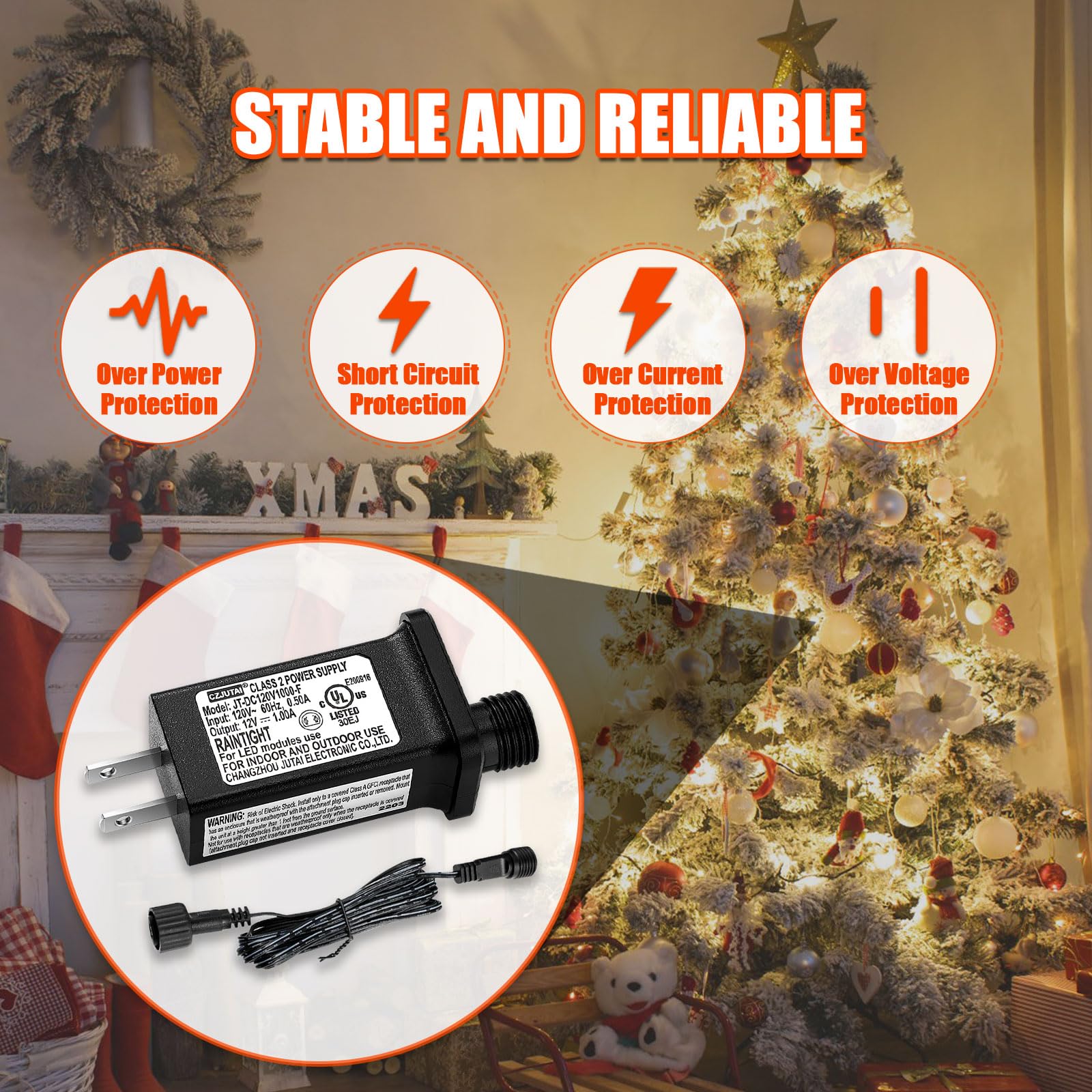 12V 1A LED Power Supply with Extension Cord – IP44 Waterproof, Class 2 Transformer for Christmas String Lights & Inflatables