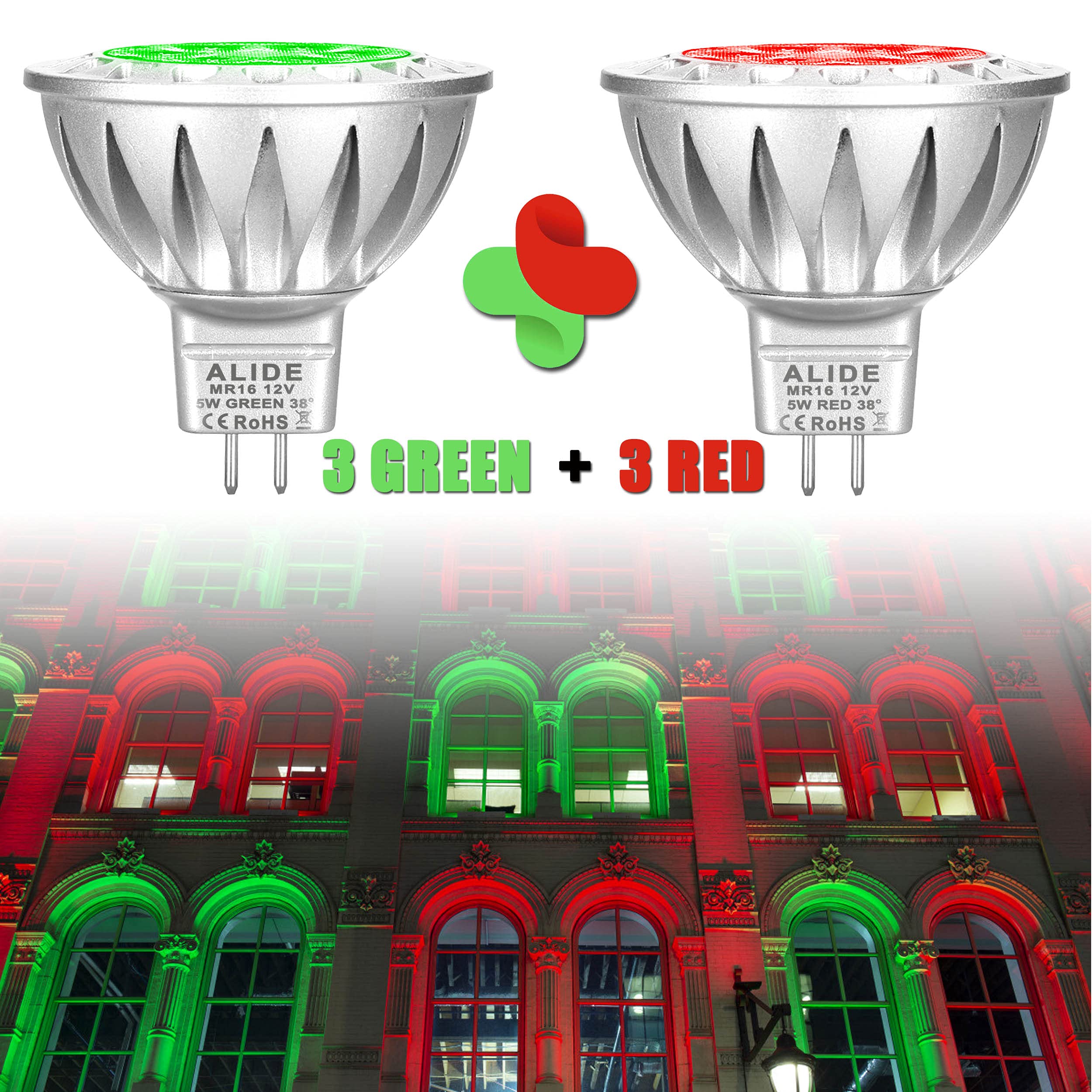 6-Pack MR16 GU5.3 LED Bulbs Red Green – 5W (50W Halogen Equiv.), 12V, 38° Beam Angle for Christmas Holiday Outdoor Landscape Lighting