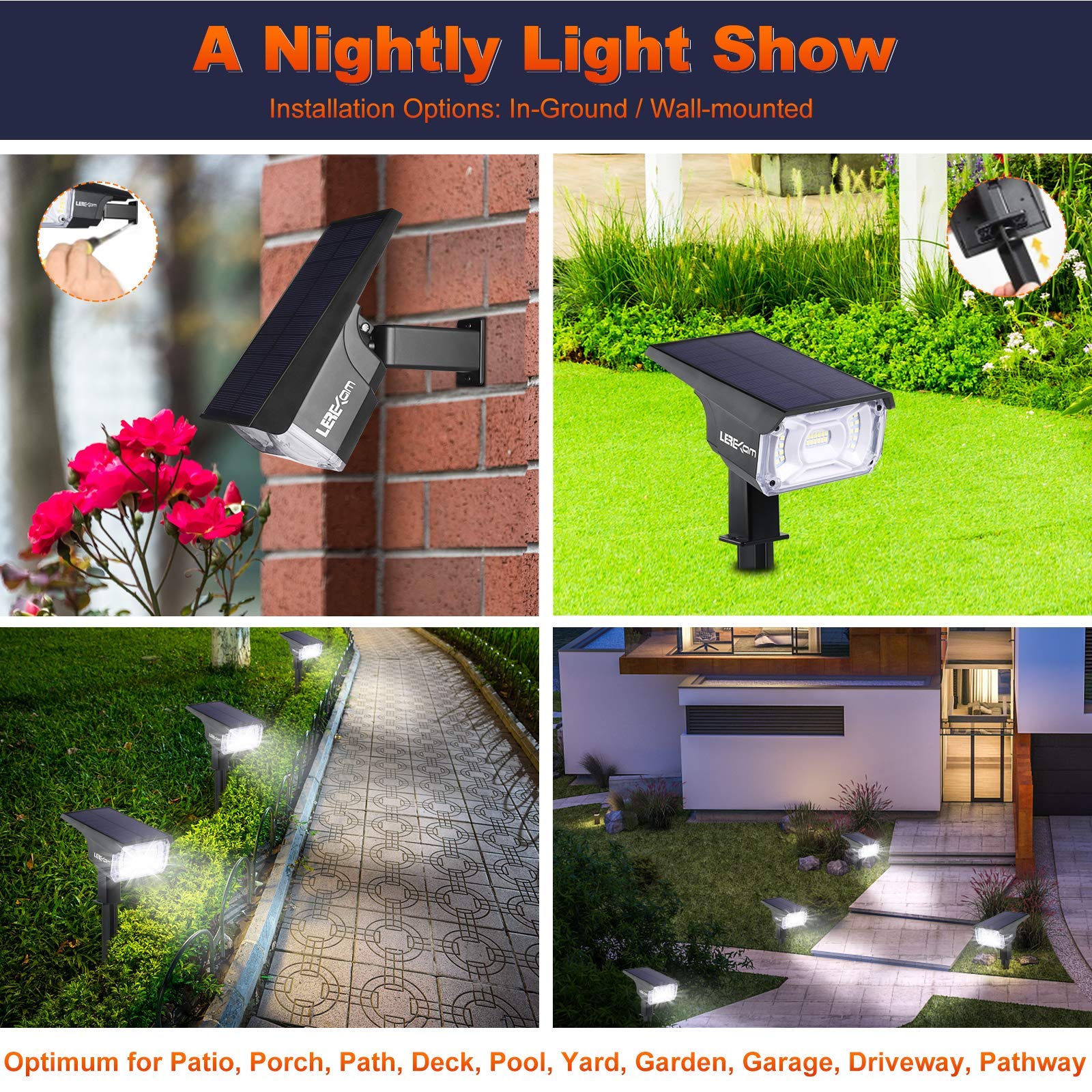 2-Pack LEREKAM Solar Spot Lights – 40 LED, IP65 Waterproof, USB & Solar Powered, Auto On/Off for Yard & Landscape