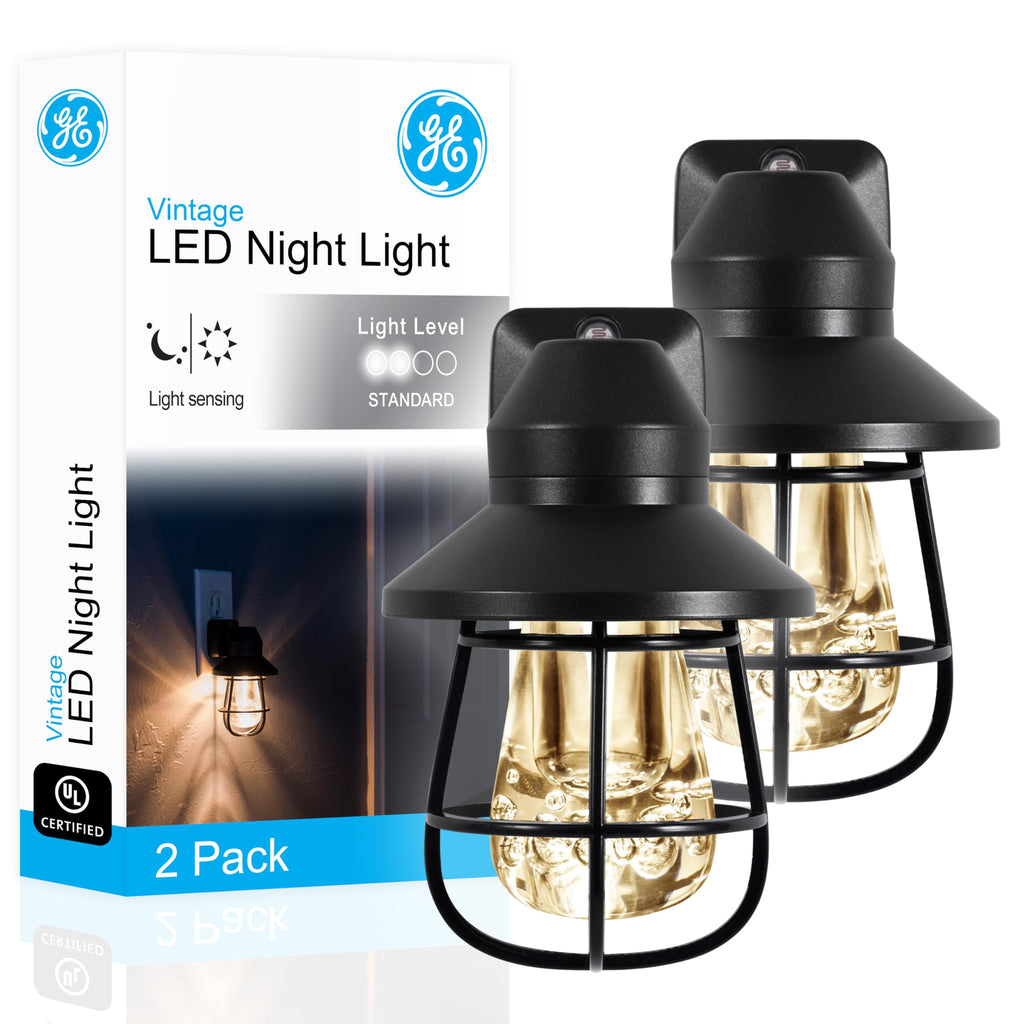 Vintage-style plug-in LED night light with dusk-to-dawn sensor, 2-pack