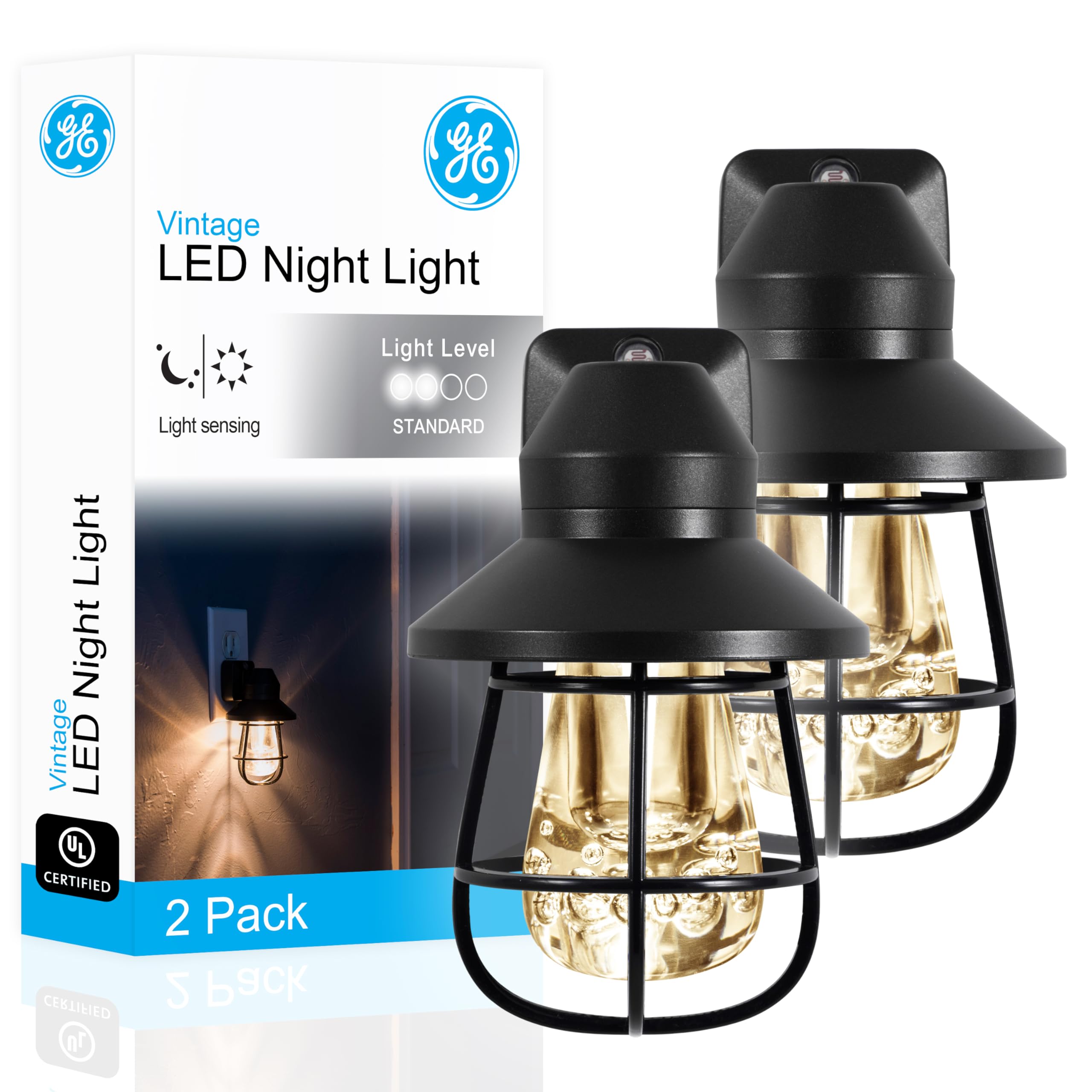 Vintage-style plug-in LED night light with dusk-to-dawn sensor, 2-pack