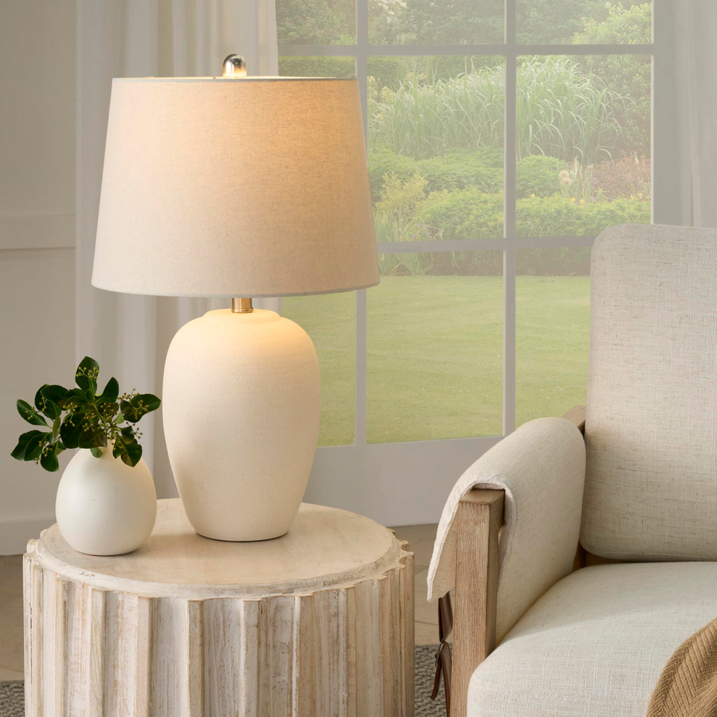 Ceramic jar table lamp with off-white shade for bedroom