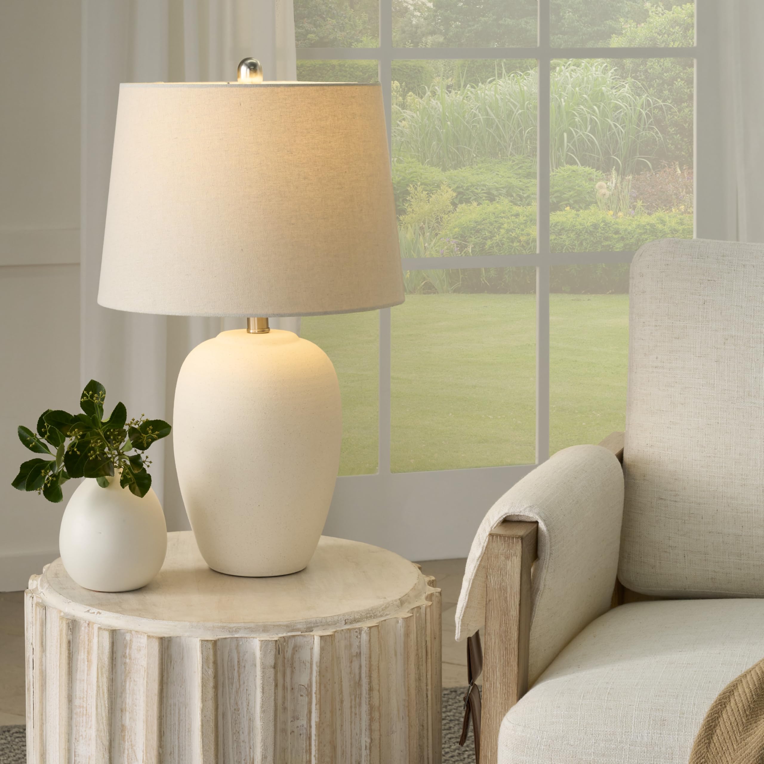 Ceramic jar table lamp with off-white shade for bedroom