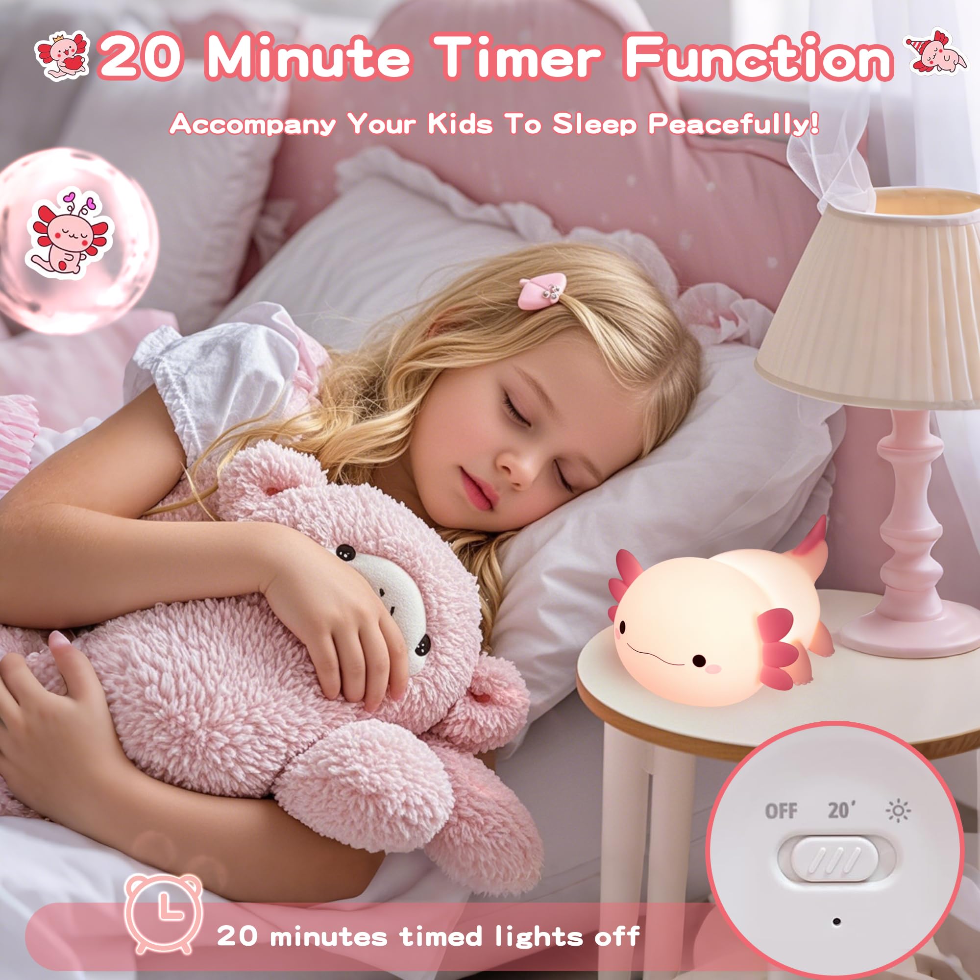 Dimmable silicone axolotl night light, rechargeable touch lamp