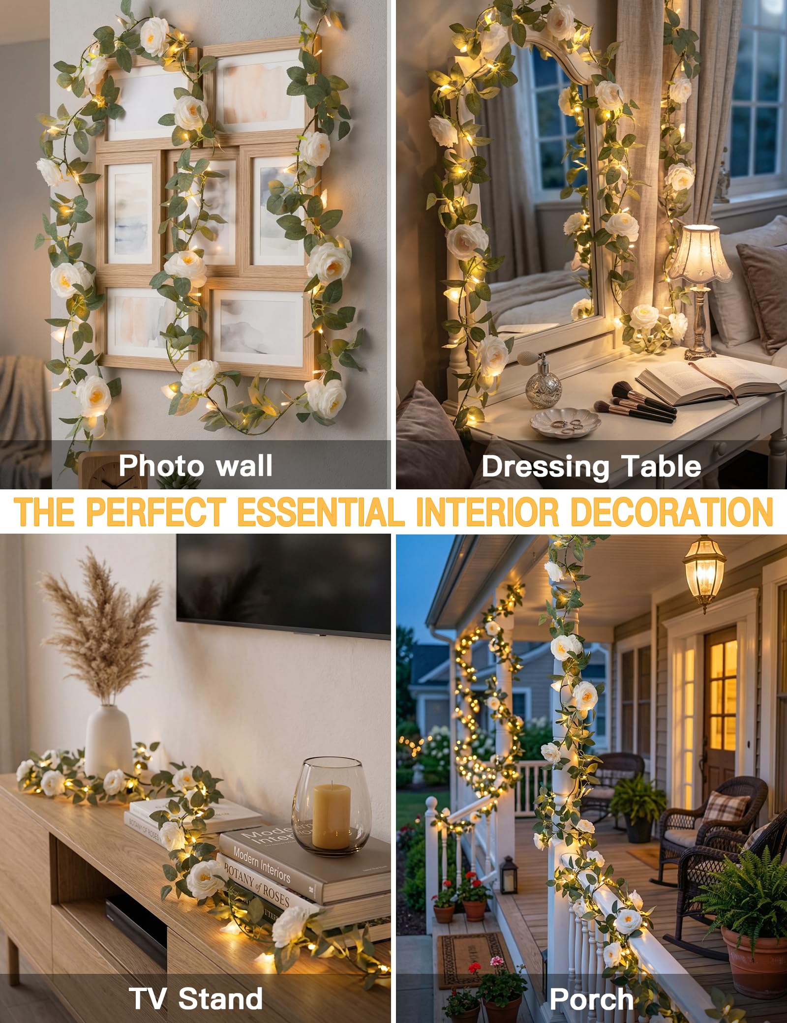 White camellia flower garland string lights, 60 LED vines with remote