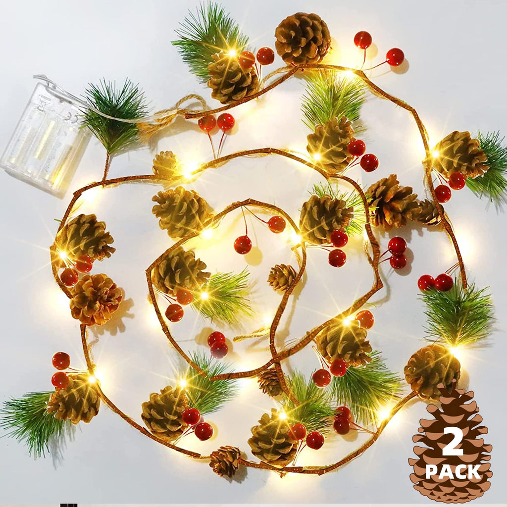 2-pack pine cone & berry garland string lights, 13 ft 40 LED battery