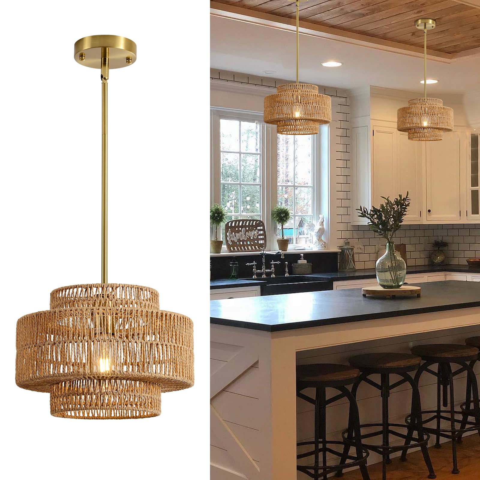 Hand-Woven Rattan Pendant Light, Boho Fixture for Farmhouse Decor