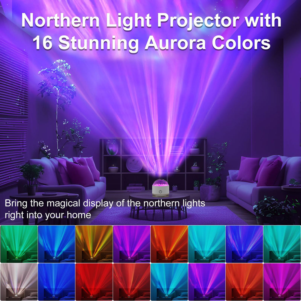 Battery-operated aurora night light projector with 16-color ocean wave effect